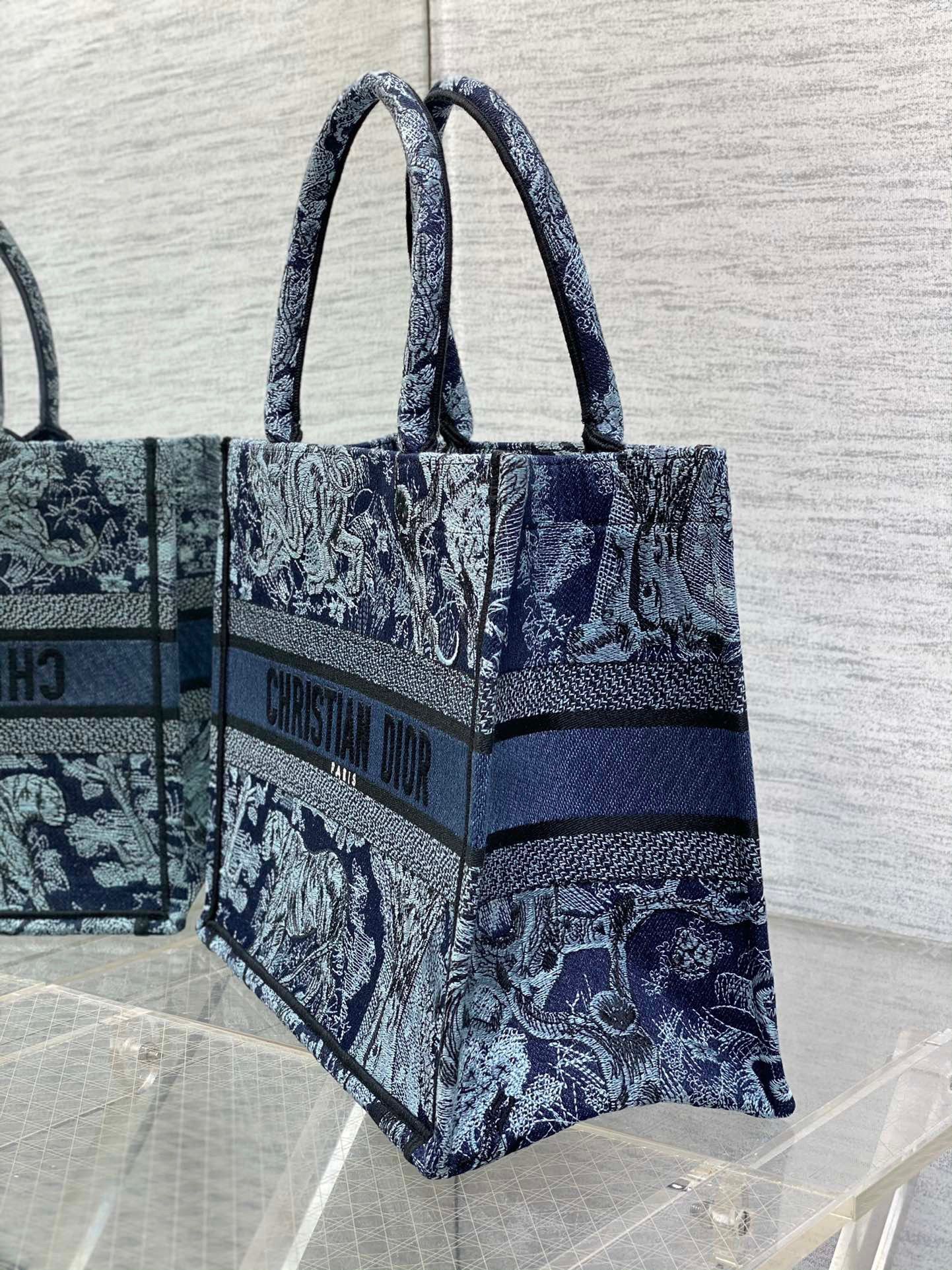 Dior Medium Book Tote Bag In Denim Blue Toile de Jouy Embroidery