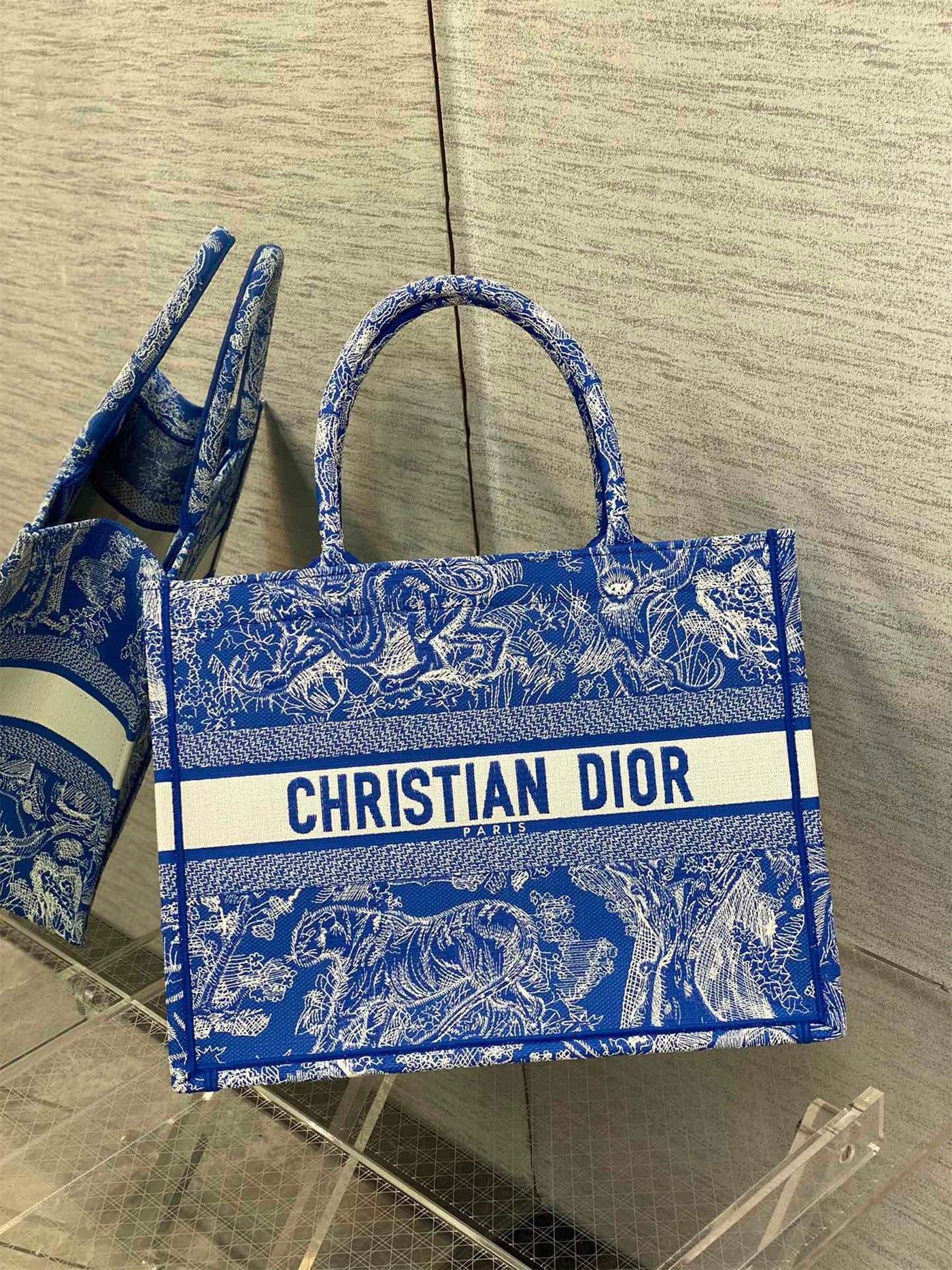 Dior Medium Book Tote Bag In Fluorescent Blue Toile de Jouy Reverse Embroidery