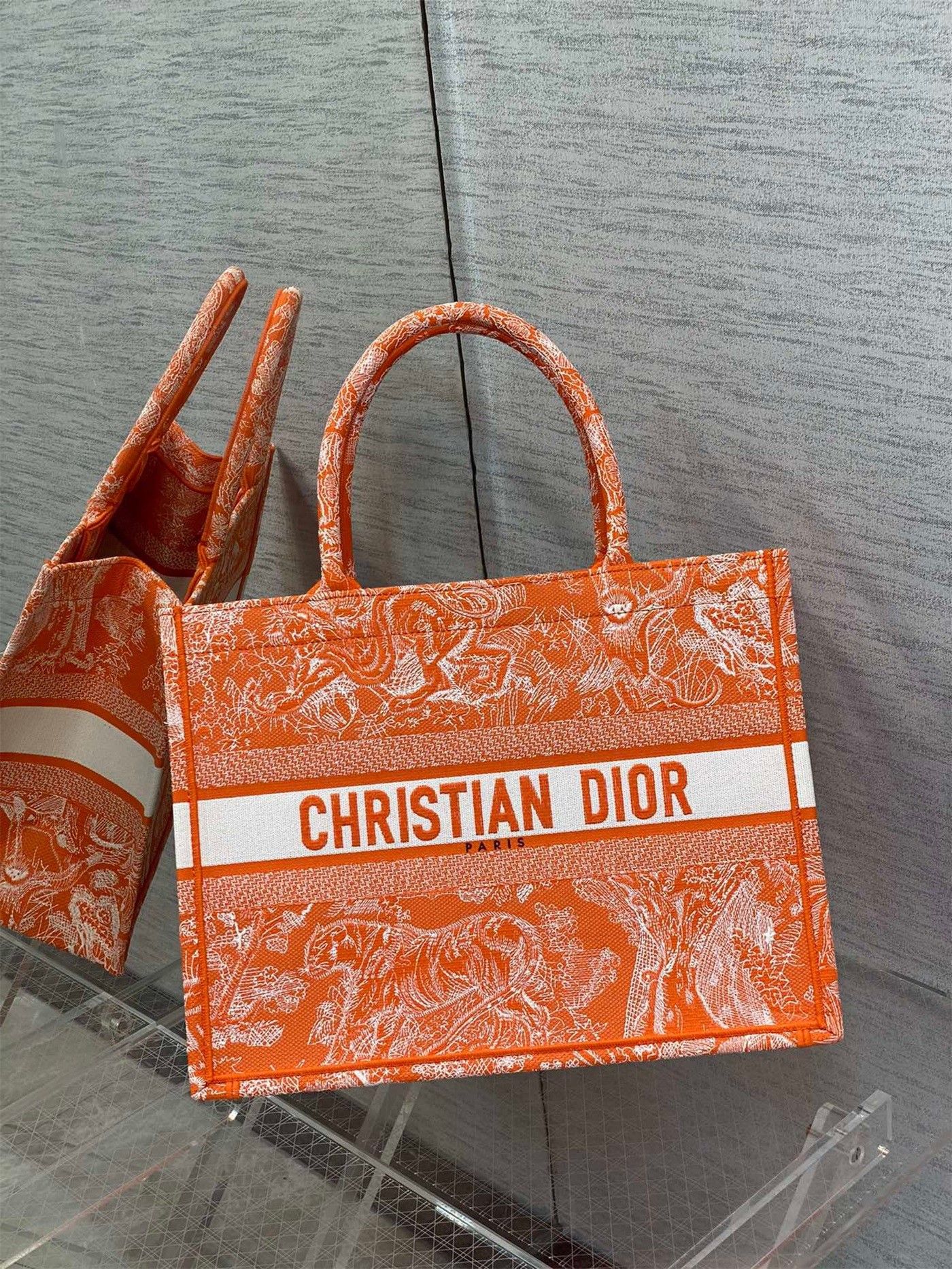 Dior Medium Book Tote Bag In Fluorescent Orange Toile de Jouy Reverse Embroidery