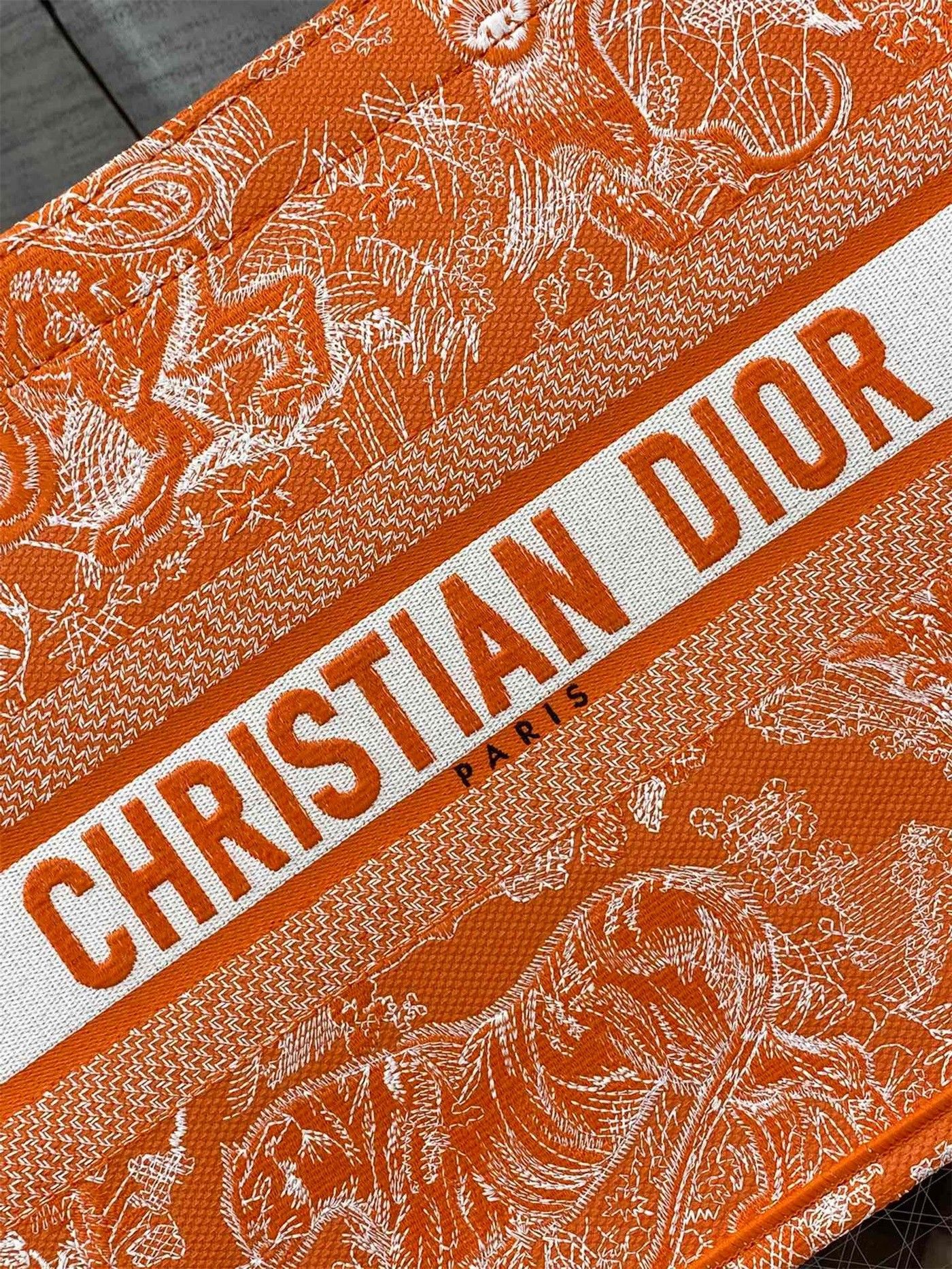 Dior Medium Book Tote Bag In Fluorescent Orange Toile de Jouy Reverse Embroidery