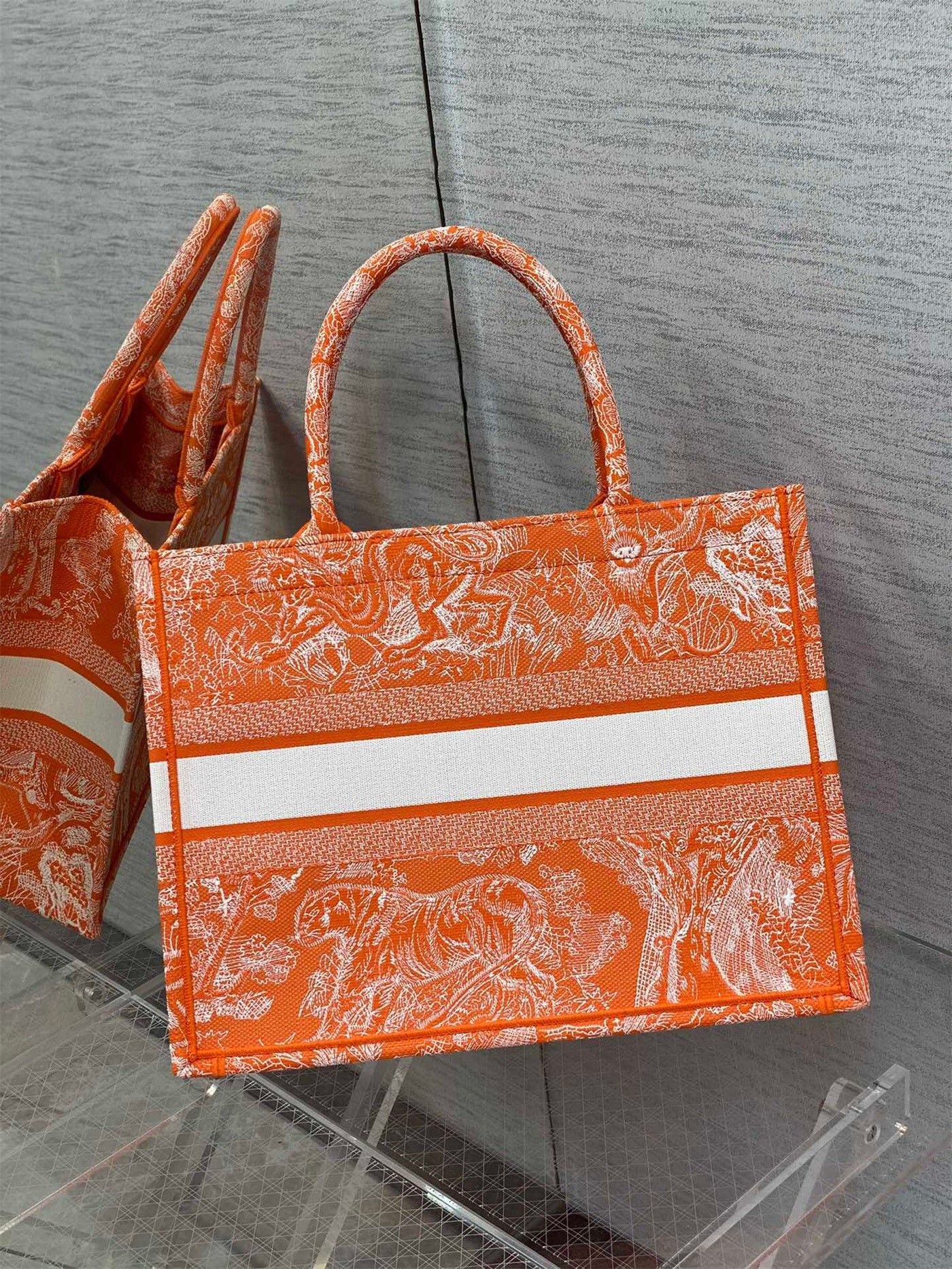 Dior Medium Book Tote Bag In Fluorescent Orange Toile de Jouy Reverse Embroidery