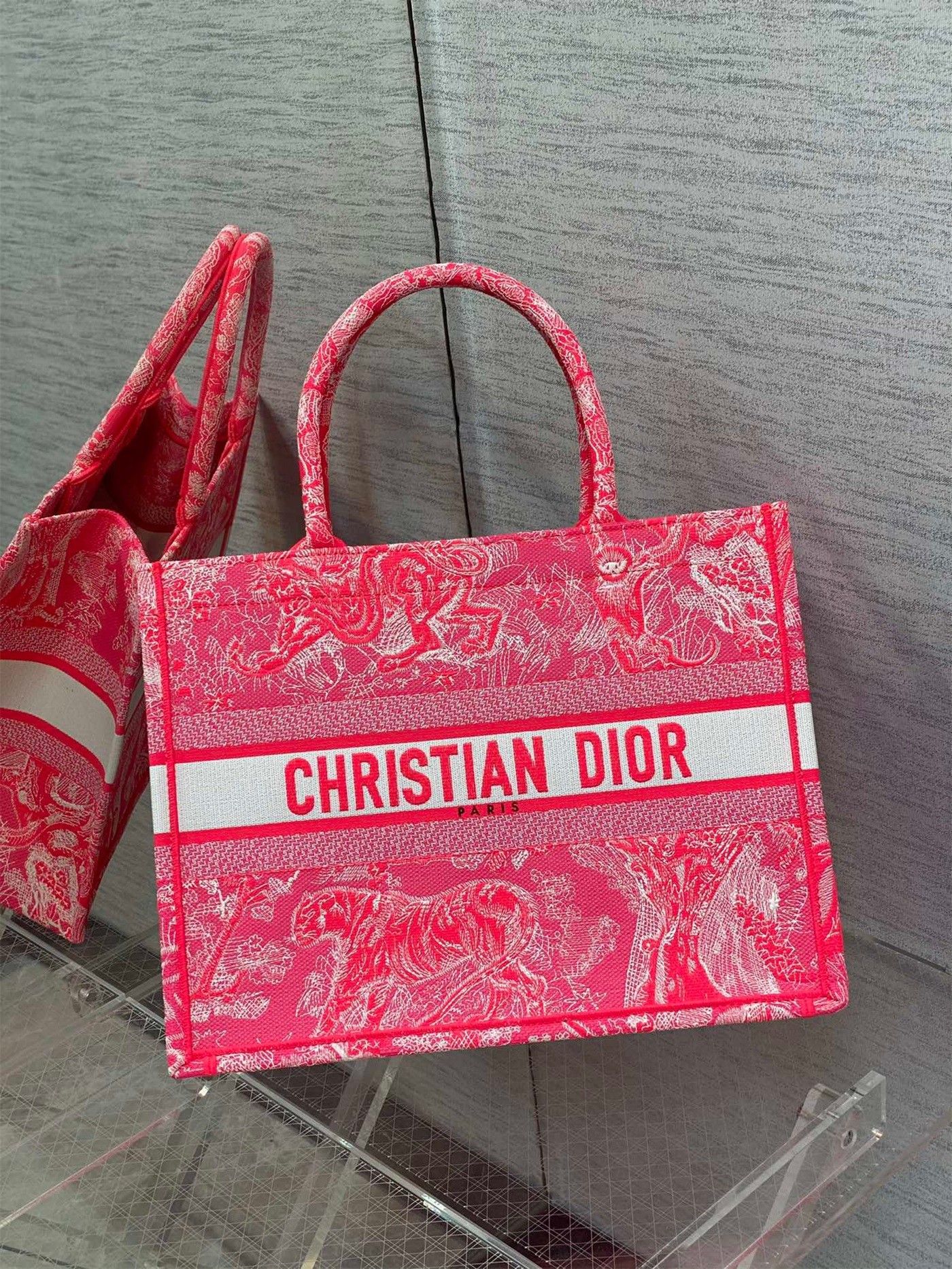 Dior Medium Book Tote Bag In Fluorescent Pink Toile de Jouy Reverse Embroidery