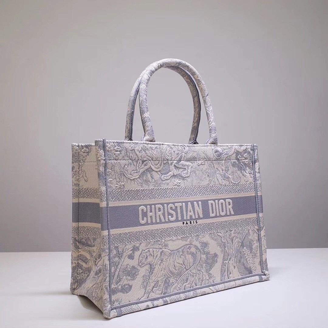 Dior Medium Book Tote Bag In Grey Toile De Jouy Embroidery