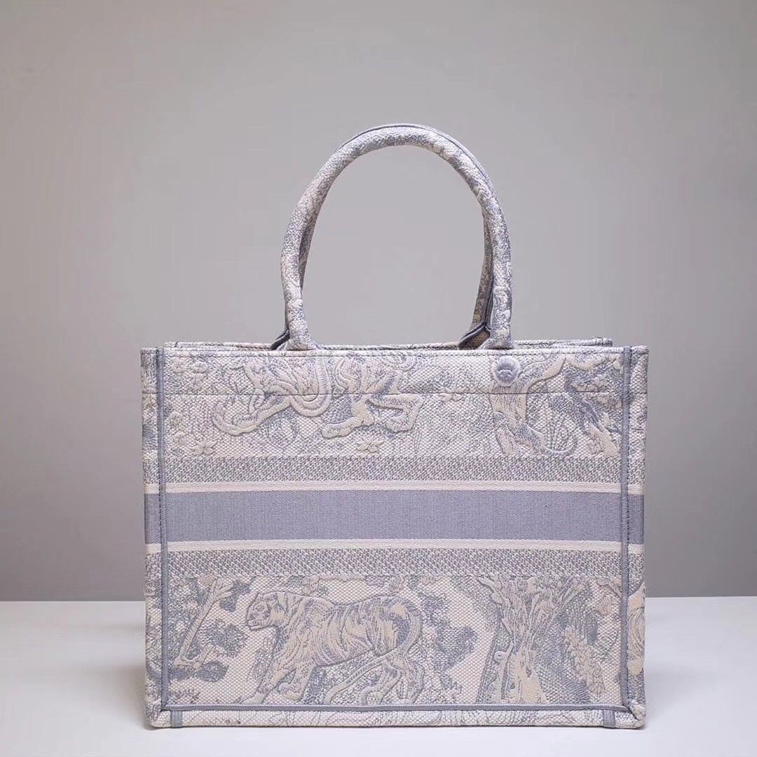 Dior Medium Book Tote Bag In Grey Toile De Jouy Embroidery