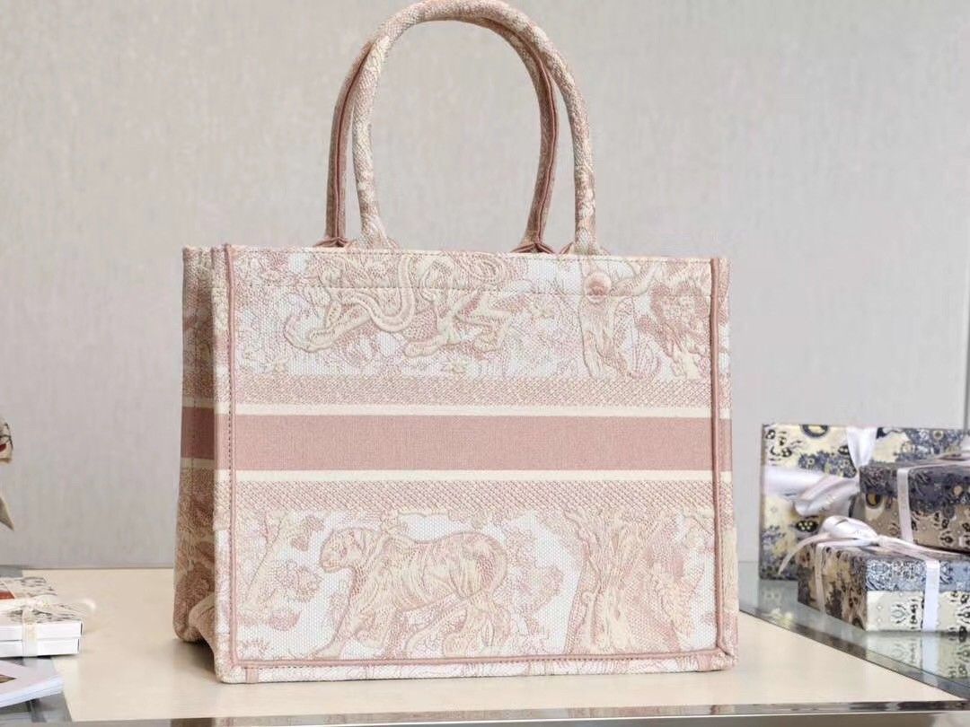 Dior Medium Book Tote Bag In Pink Toile De Jouy Embroidery