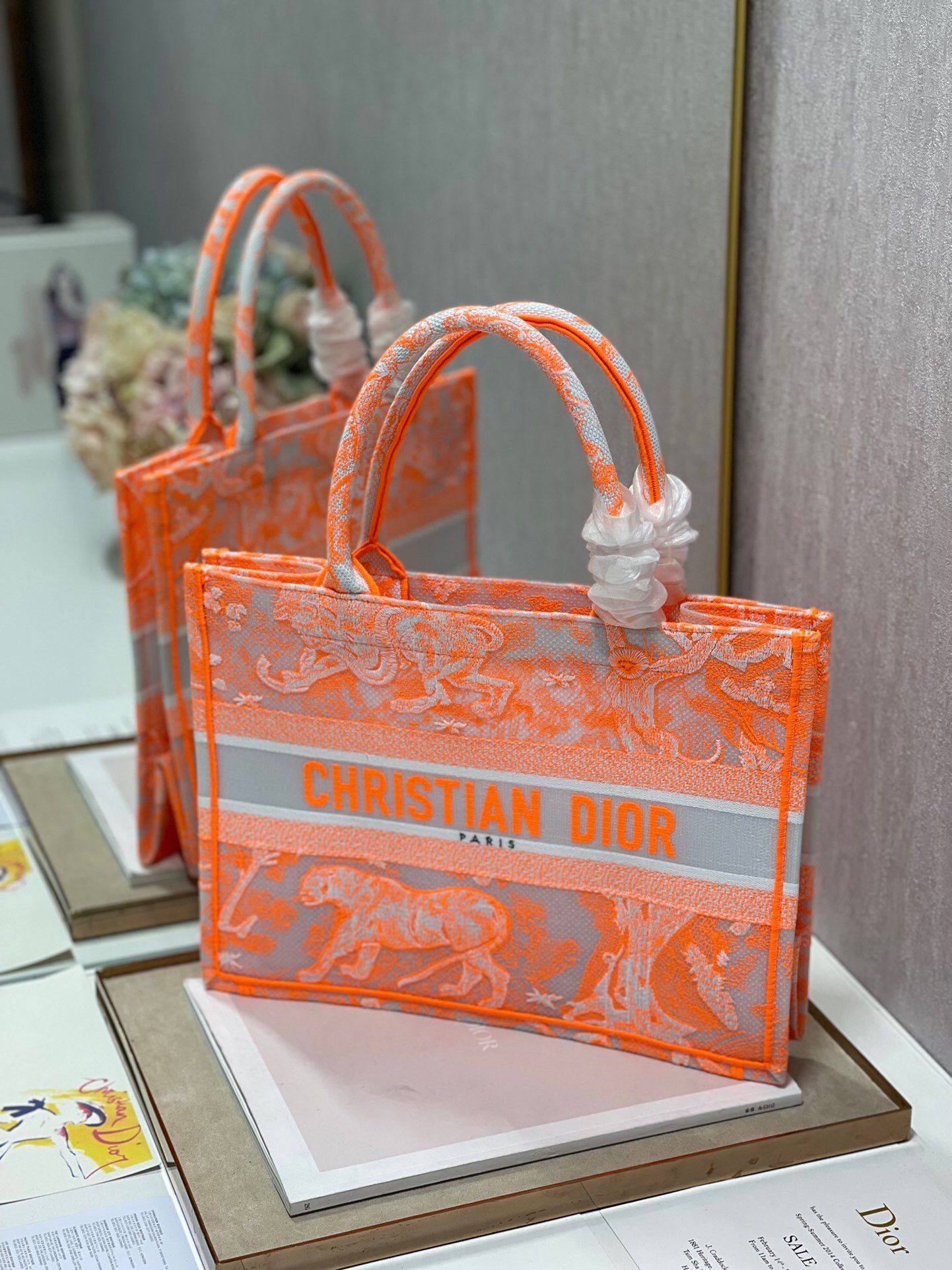 Dior Medium Book Tote Bag In Orange Transparent Toile de Jouy Canvas