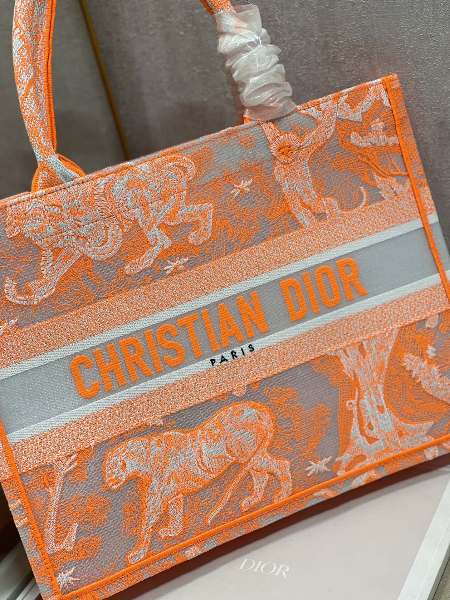 Dior Medium Book Tote Bag In Orange Transparent Toile de Jouy Canvas