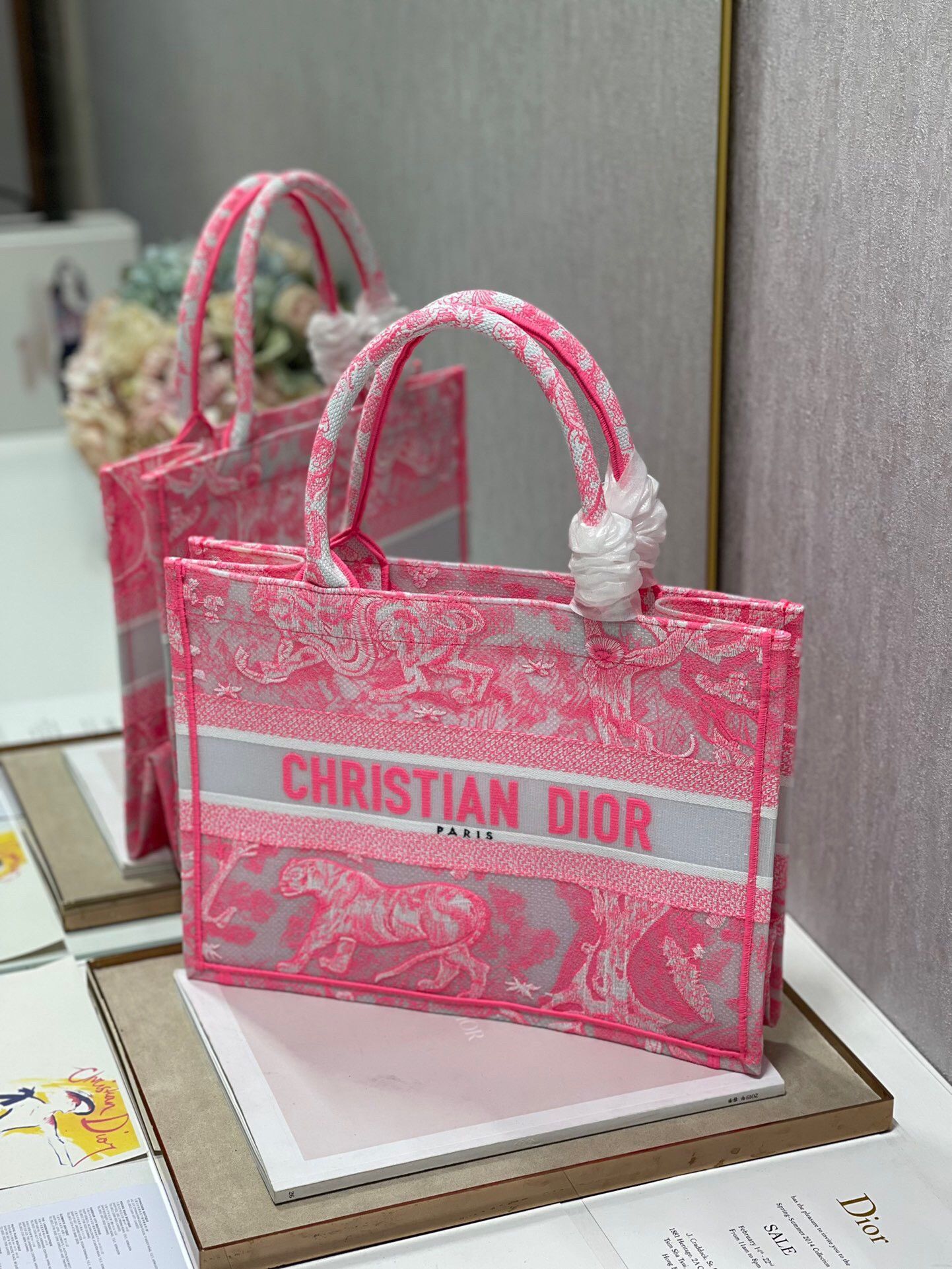 Dior Medium Book Tote Bag In Pink Transparent Toile de Jouy Canvas