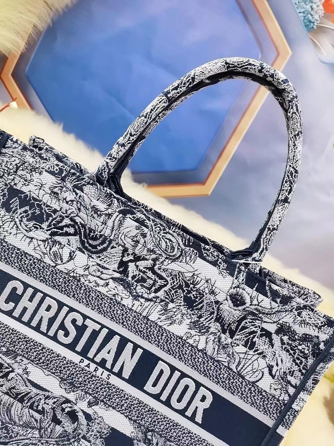 Dior Medium Book Tote Bag In Blue Toile de Jouy Stripes Embroidery