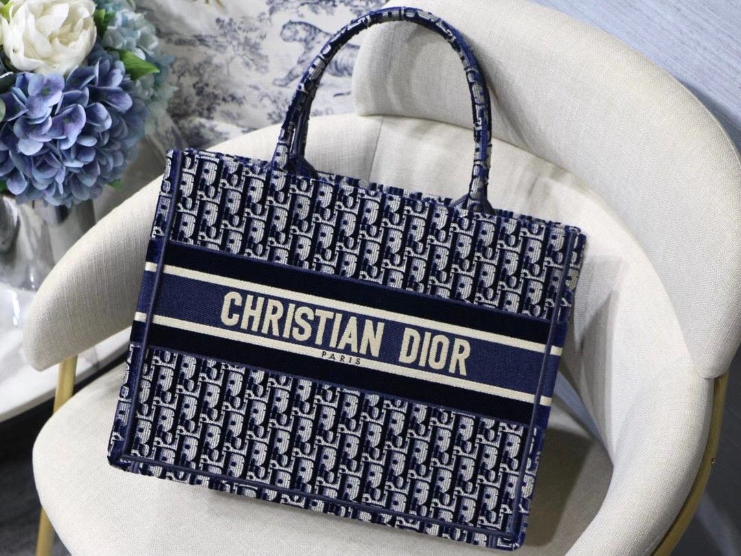 Dior Medium Book Tote Bag In Blue Velvet Oblique Embroidered