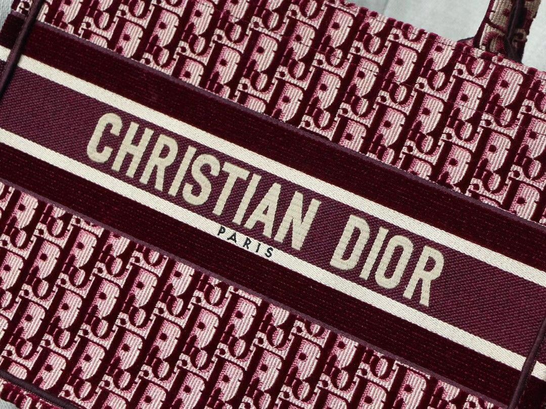 Dior Medium Book Tote Bag In Bordeaux Velvet Oblique Embroidered