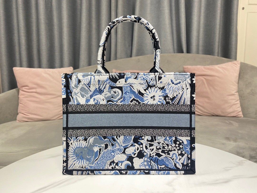 Dior Medium Book Tote Bag In Blue Zodiac Fantastico Embroidery