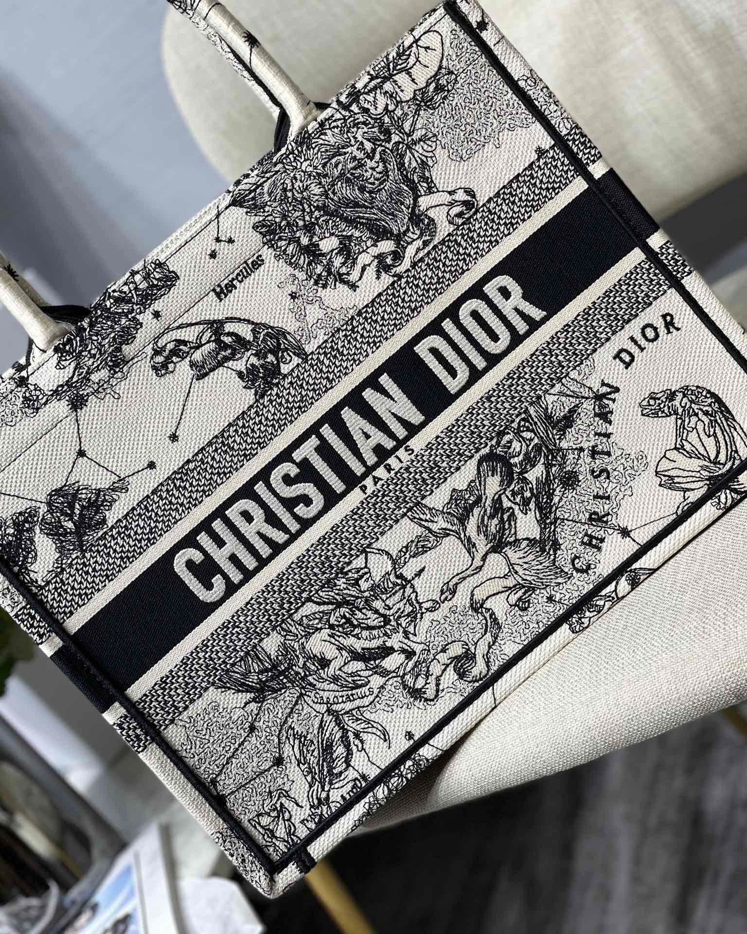 Dior Medium Book Tote Bag In White Toile de Jouy Zodiac Embroidery