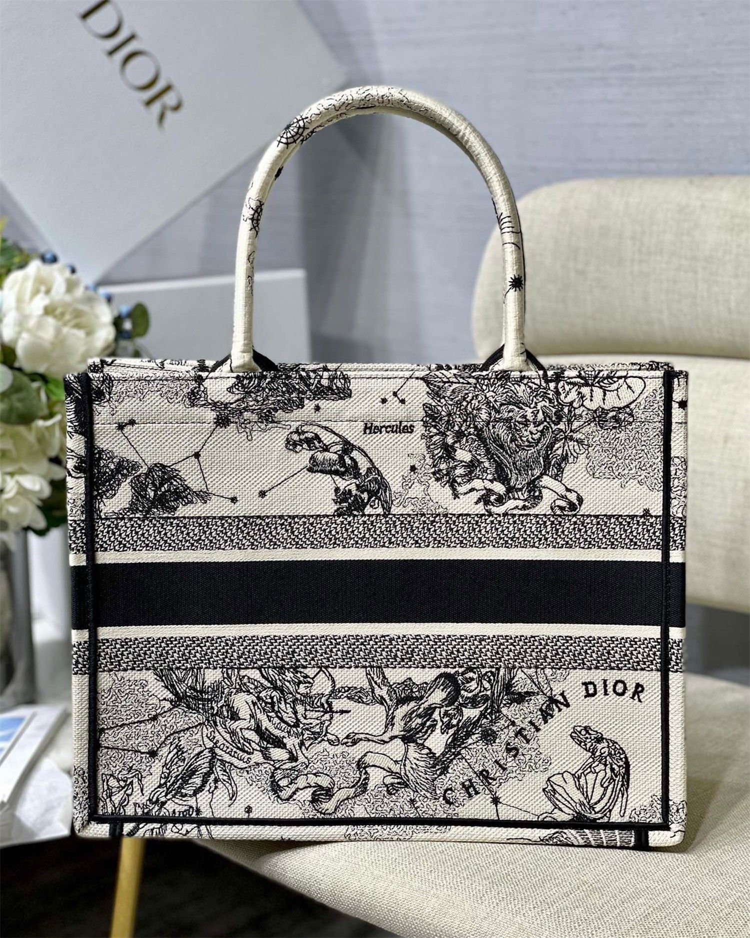 Dior Medium Book Tote Bag In White Toile de Jouy Zodiac Embroidery