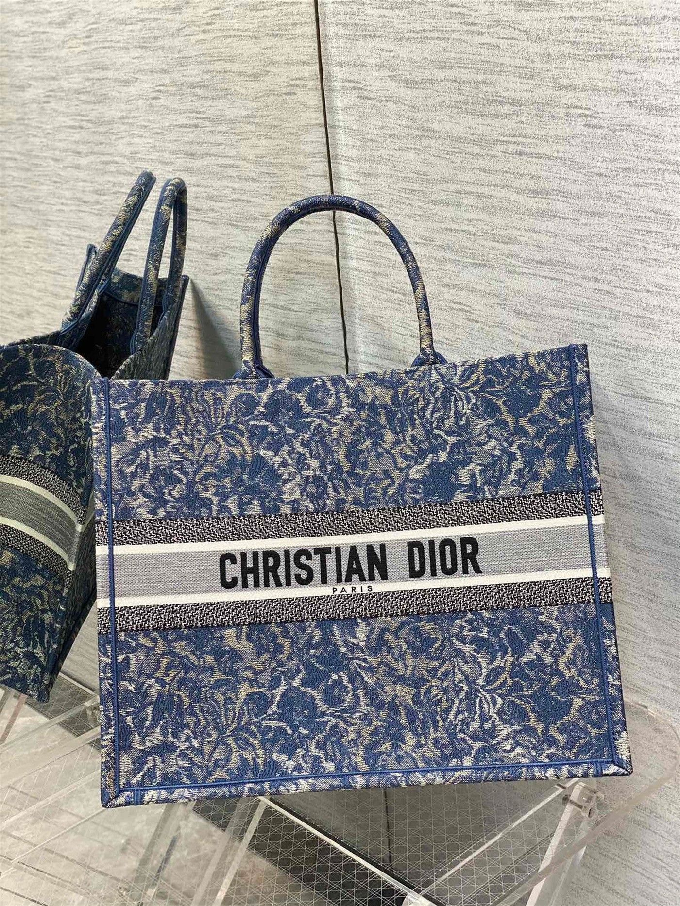 Dior Large Book Tote Bag In Blue Brocart Denim-Effect Embroidery