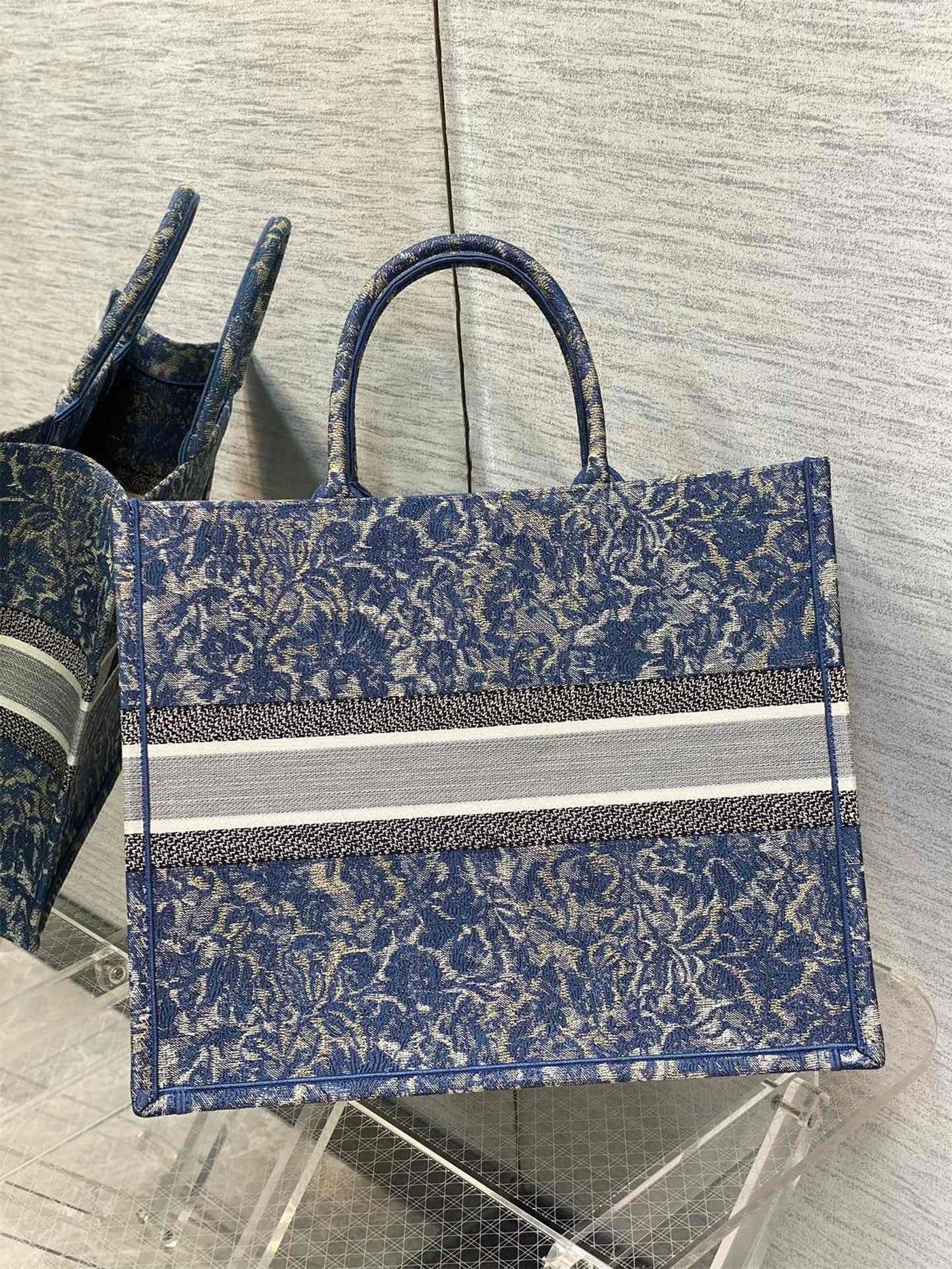 Dior Large Book Tote Bag In Blue Brocart Denim-Effect Embroidery