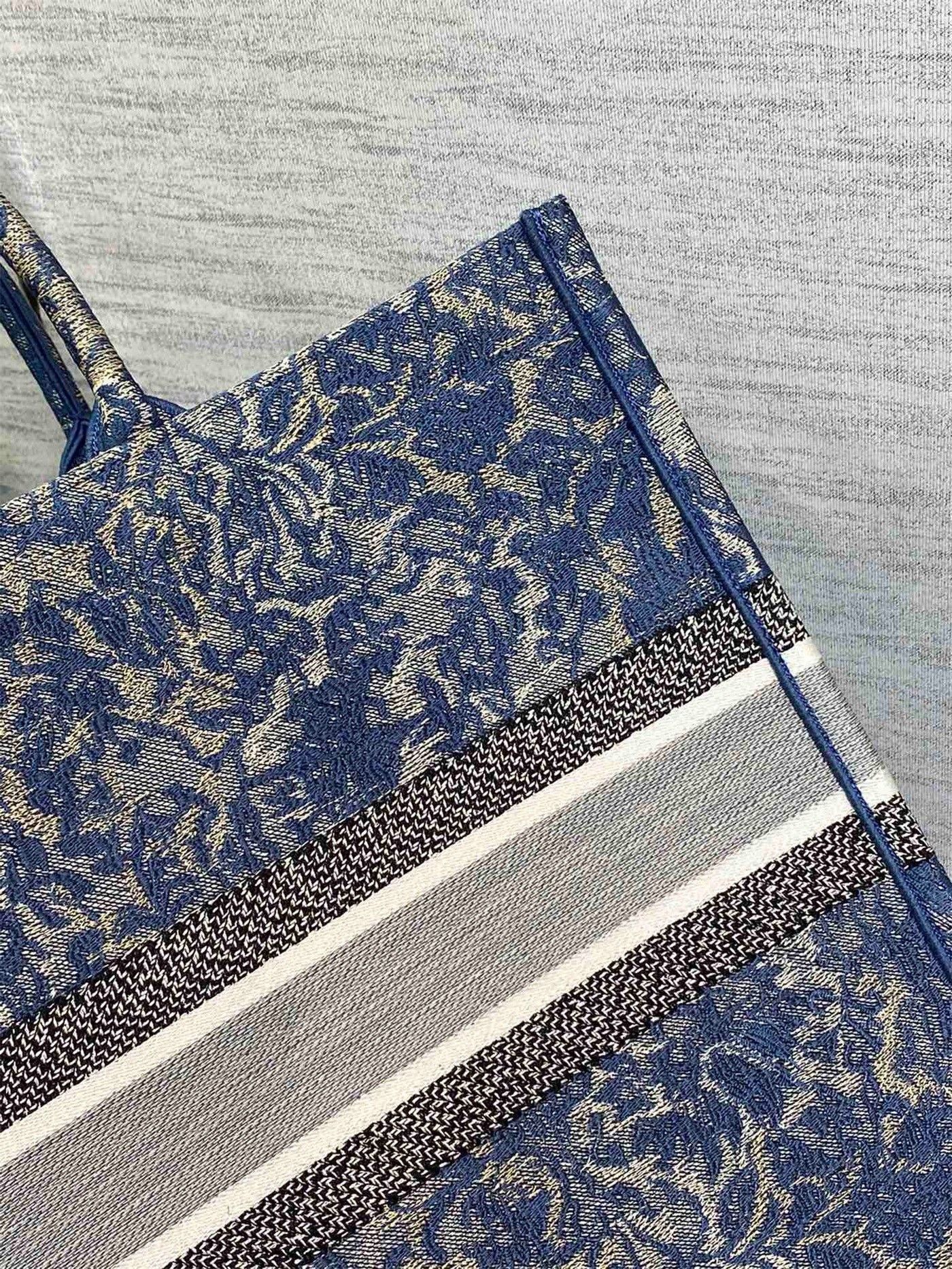 Dior Large Book Tote Bag In Blue Brocart Denim-Effect Embroidery