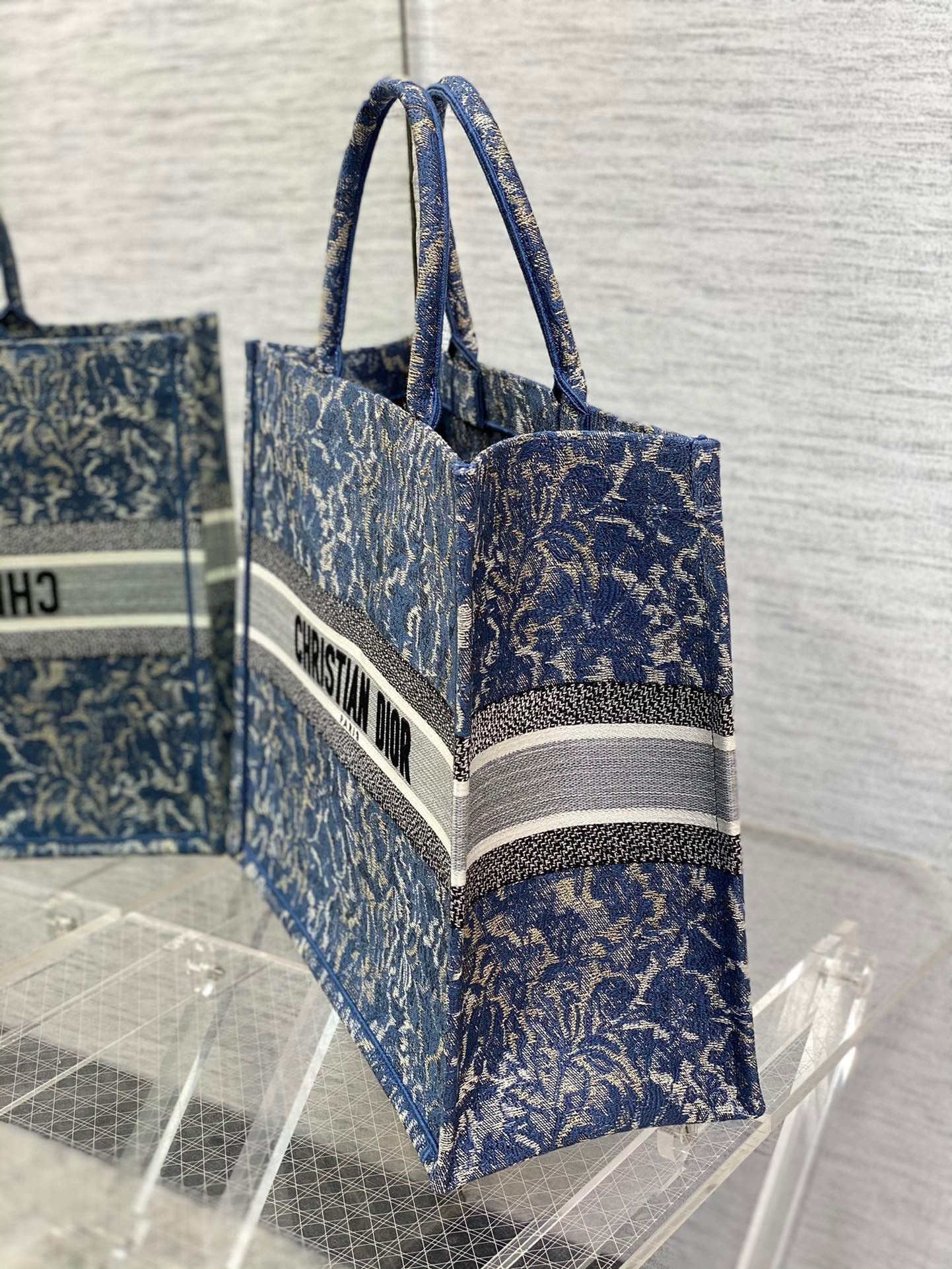 Dior Large Book Tote Bag In Blue Brocart Denim-Effect Embroidery