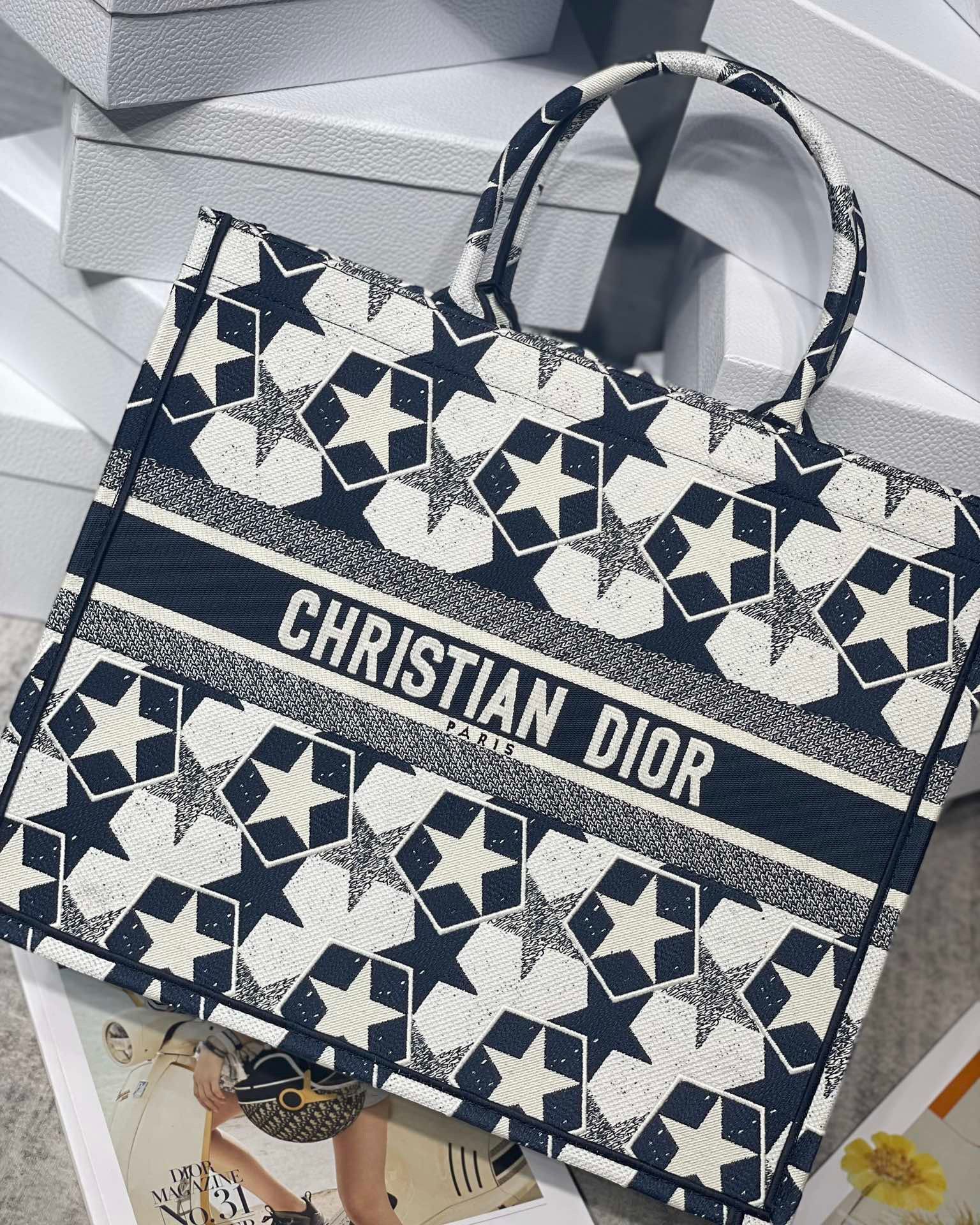 Dior Large Book Tote Bag In Blue and White Dior Etoile Embroidery