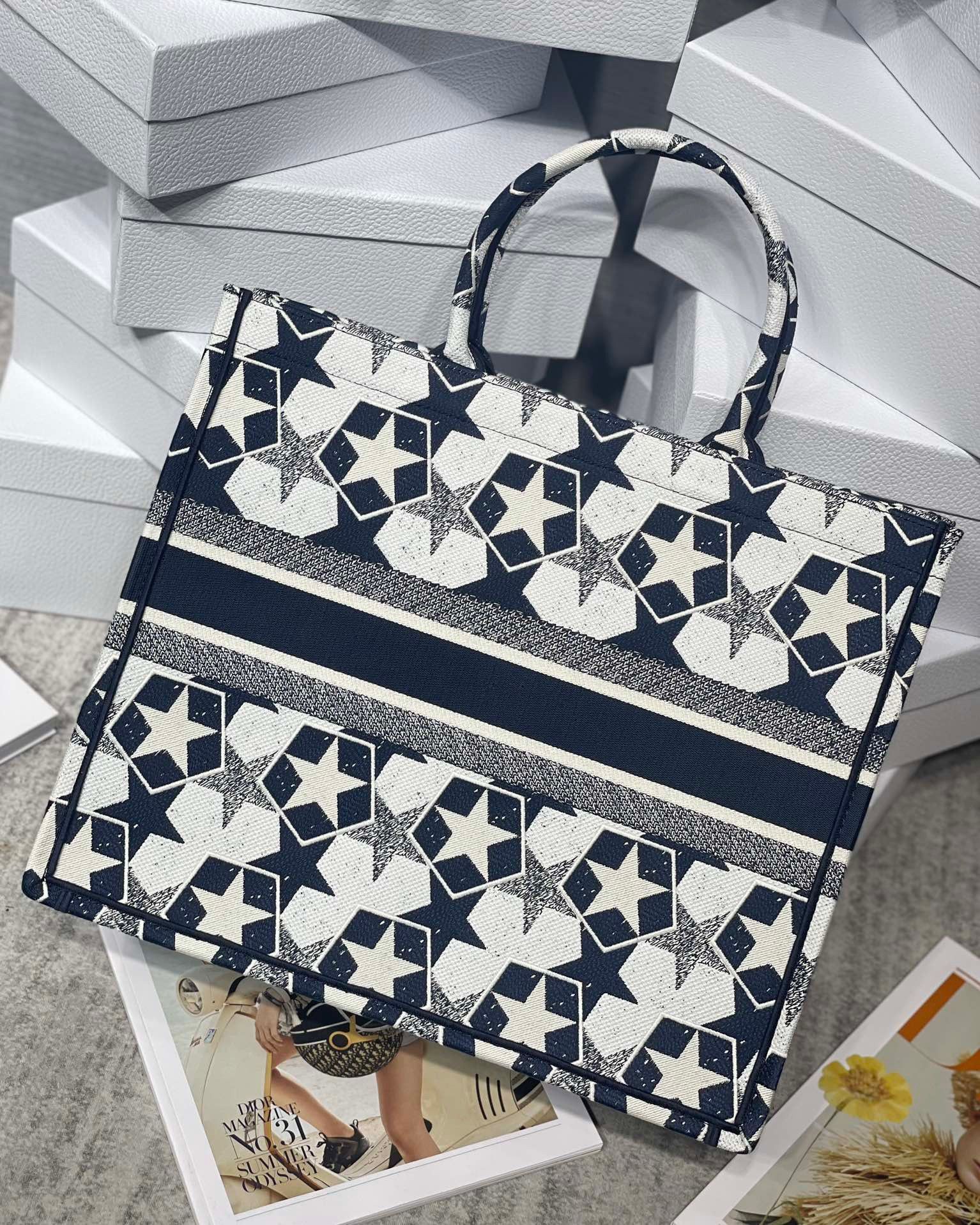 Dior Large Book Tote Bag In Blue and White Dior Etoile Embroidery