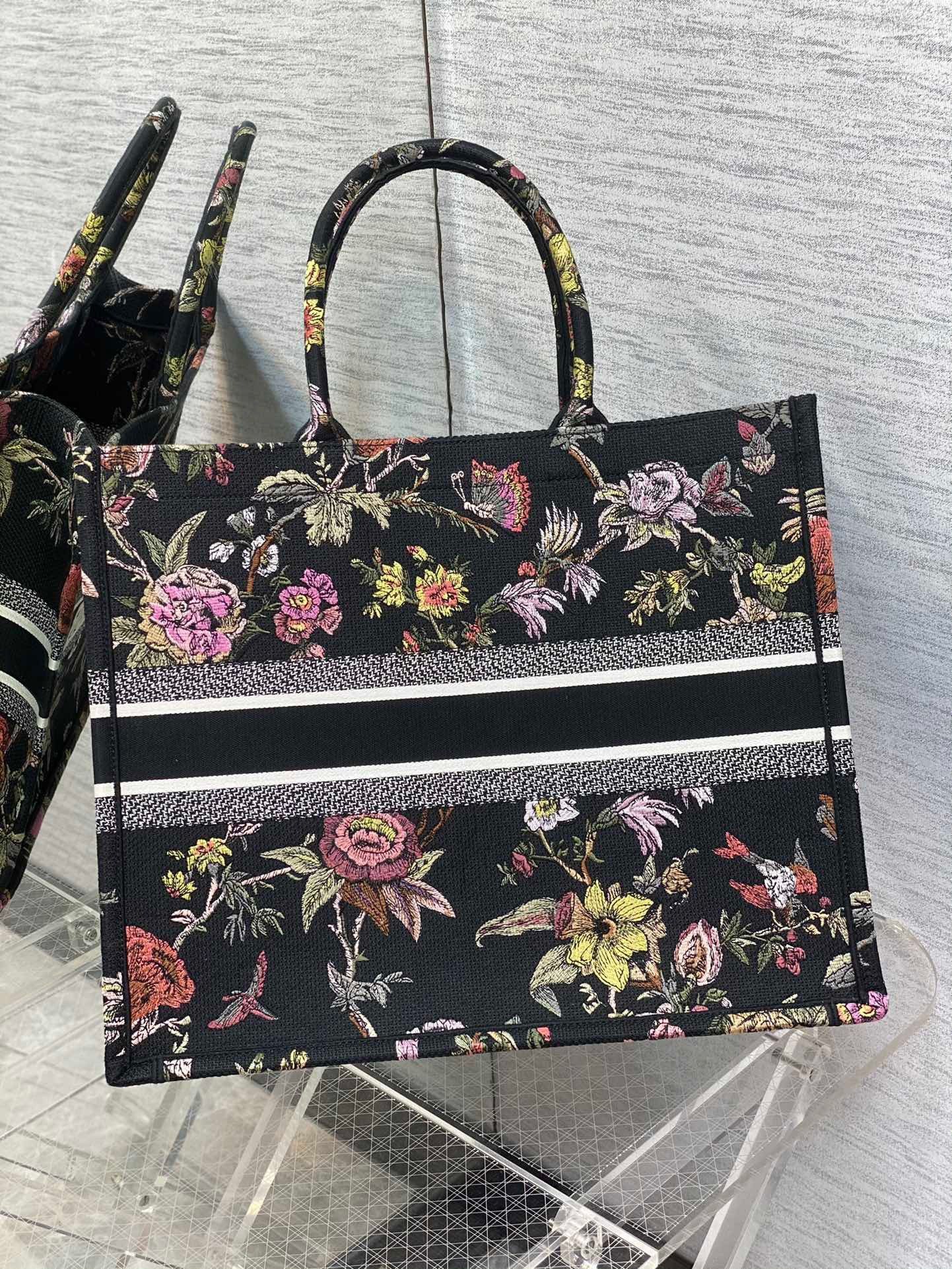 Dior Large Book Tote Bag In Black Jardin Botanique Embroidery