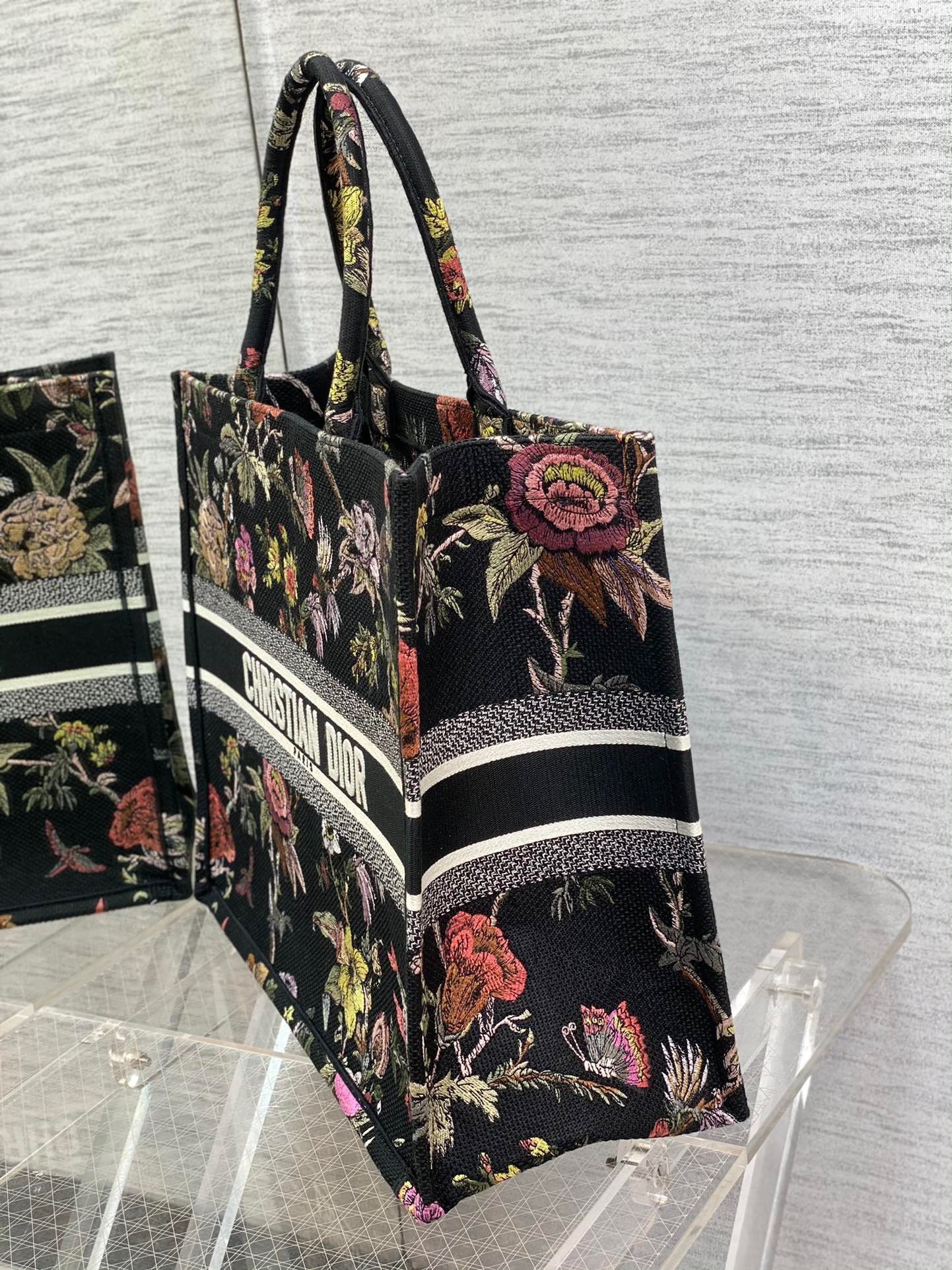 Dior Large Book Tote Bag In Black Jardin Botanique Embroidery