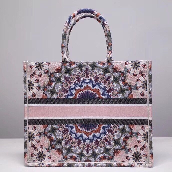 Dior Large Book Tote Bag In Pink KaleiDiorscopic Embroidered Cotton