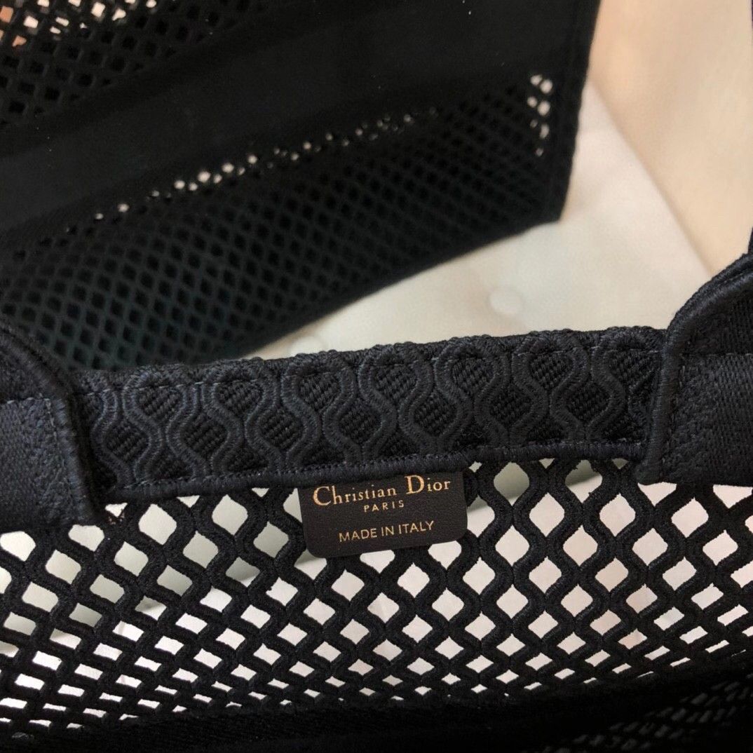 Dior Large Book Tote Bag In Black Mesh Embroidery