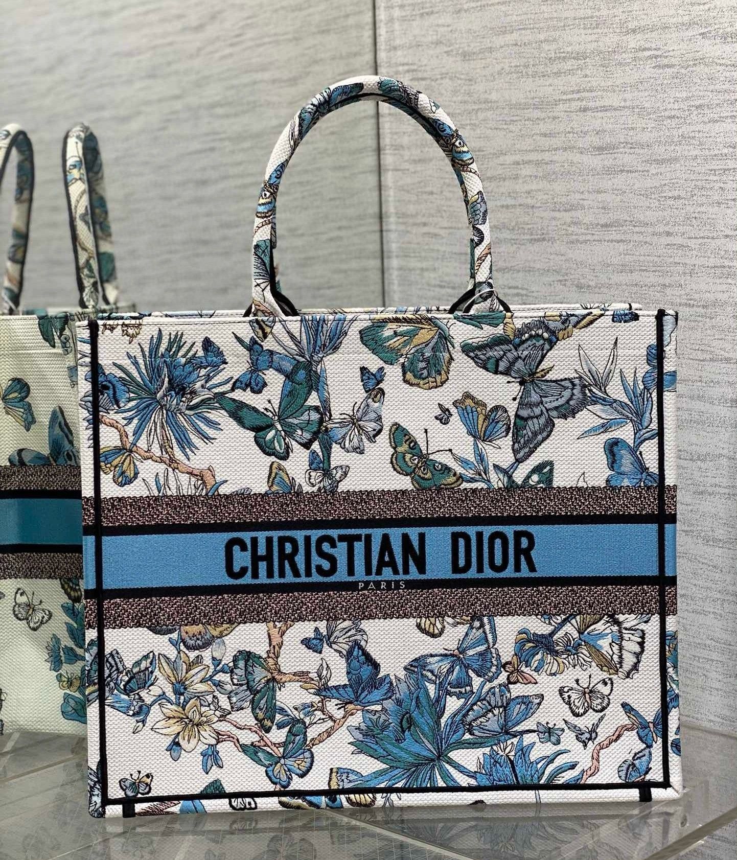 Dior Large Book Tote Bag in White and Blue Toile de Jouy Mexico Embroidery