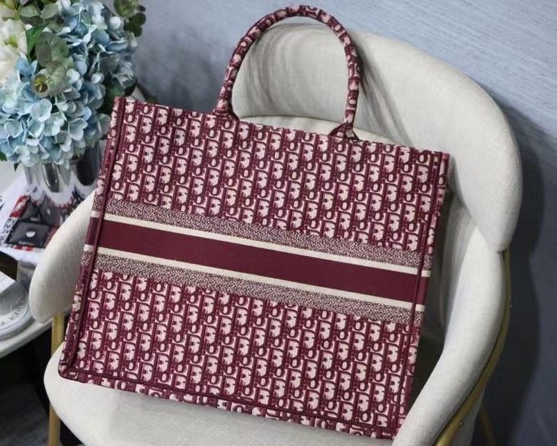 Dior Large Book Tote Bag In Bordeaux Dior Oblique Embroidery