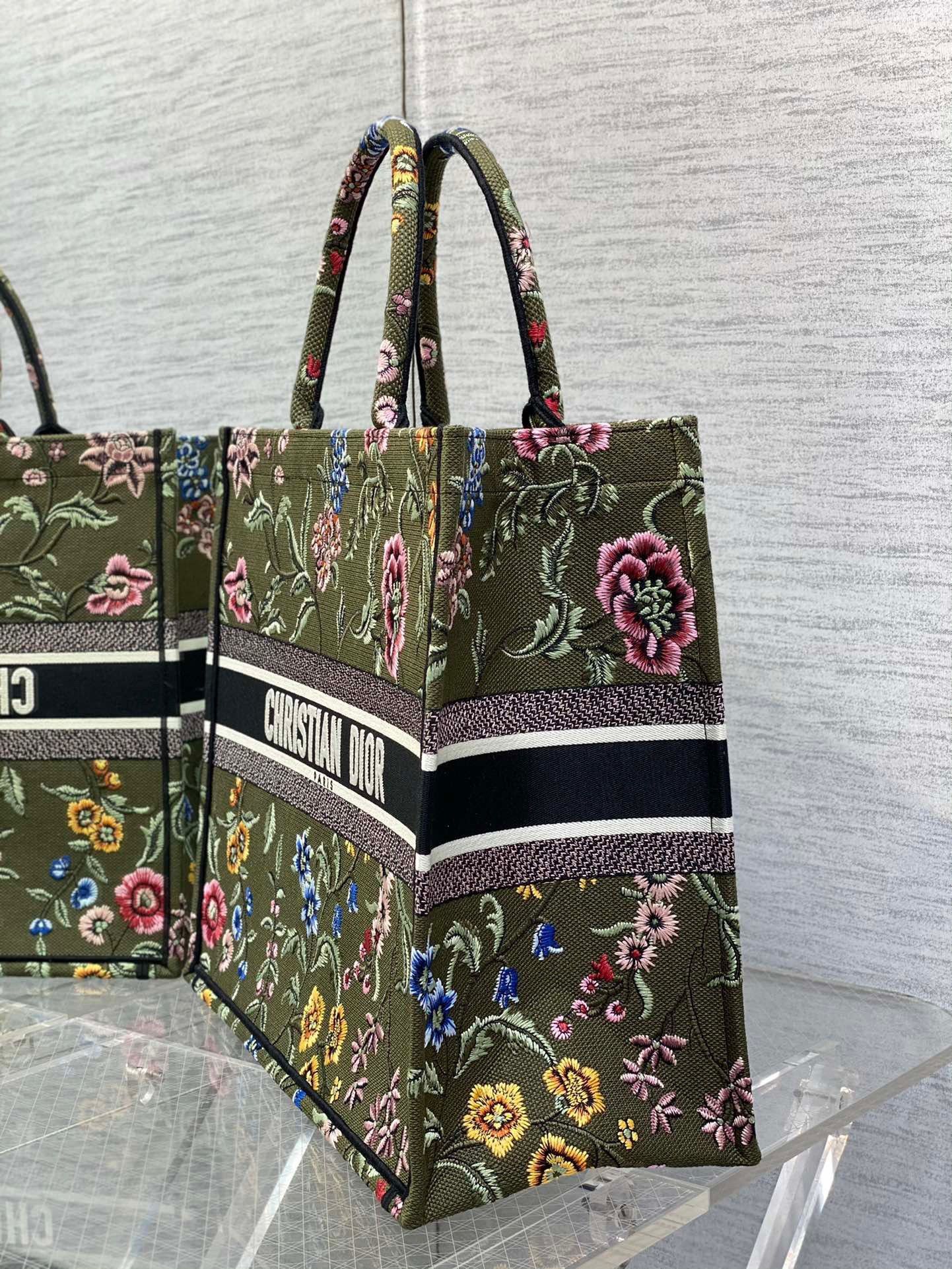 Dior Large Book Tote Bag In Green Dior Petites Fleurs Embroidery