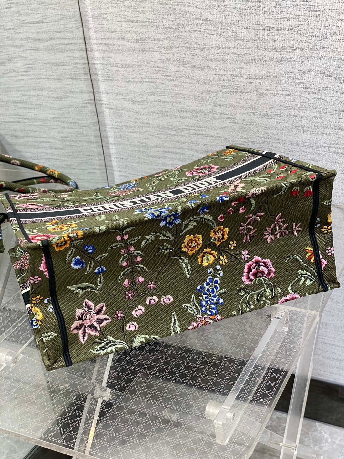 Dior Large Book Tote Bag In Green Dior Petites Fleurs Embroidery