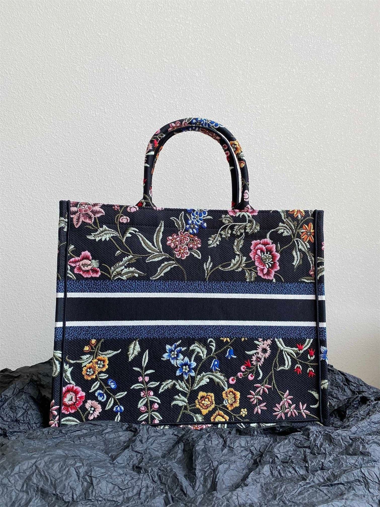 Dior Large Book Tote Bag In Black Dior Petites Fleurs Embroidery