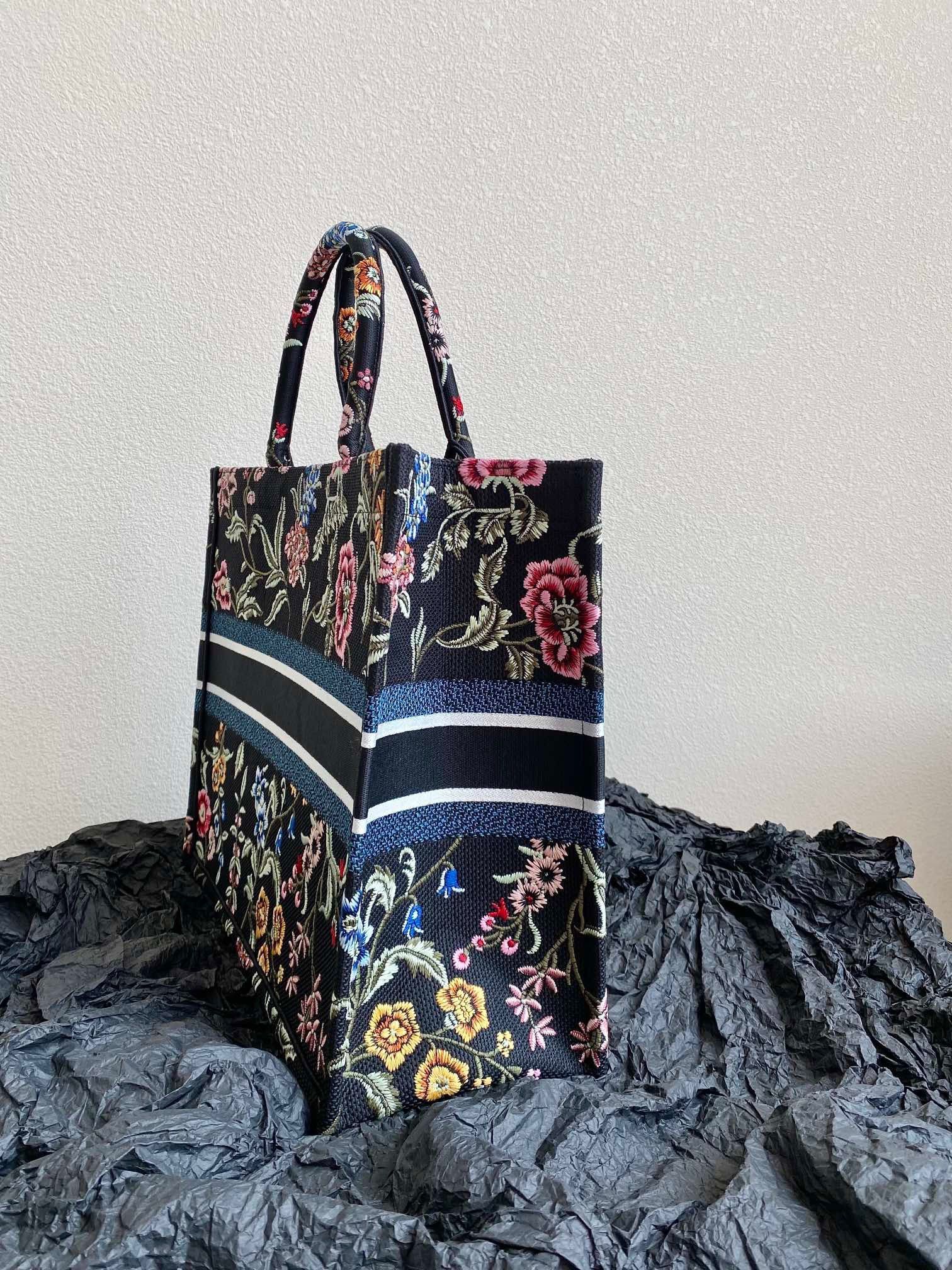 Dior Large Book Tote Bag In Black Dior Petites Fleurs Embroidery