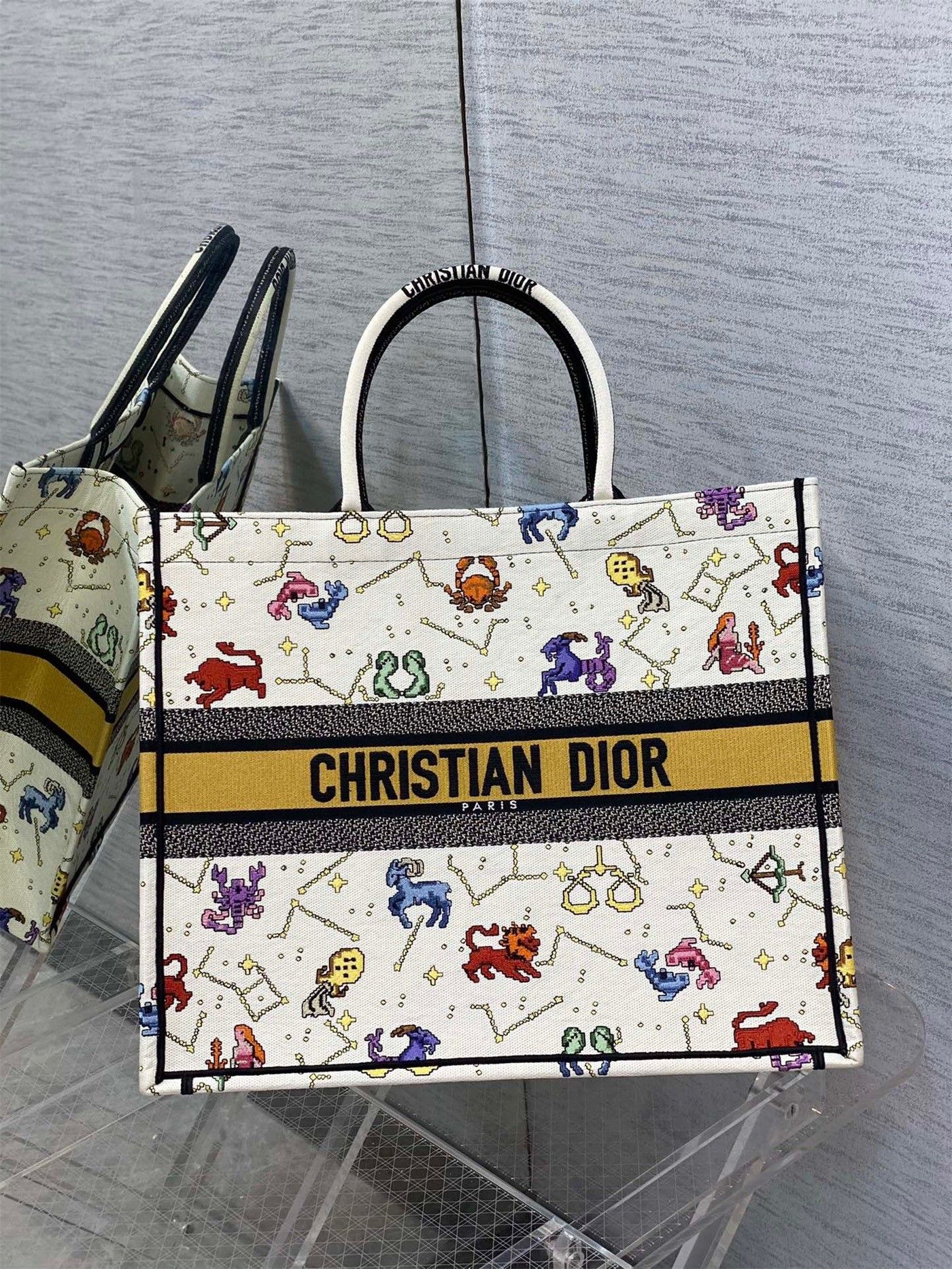 Dior Large Book Tote Bag In White Pixel Zodiac Embroidery