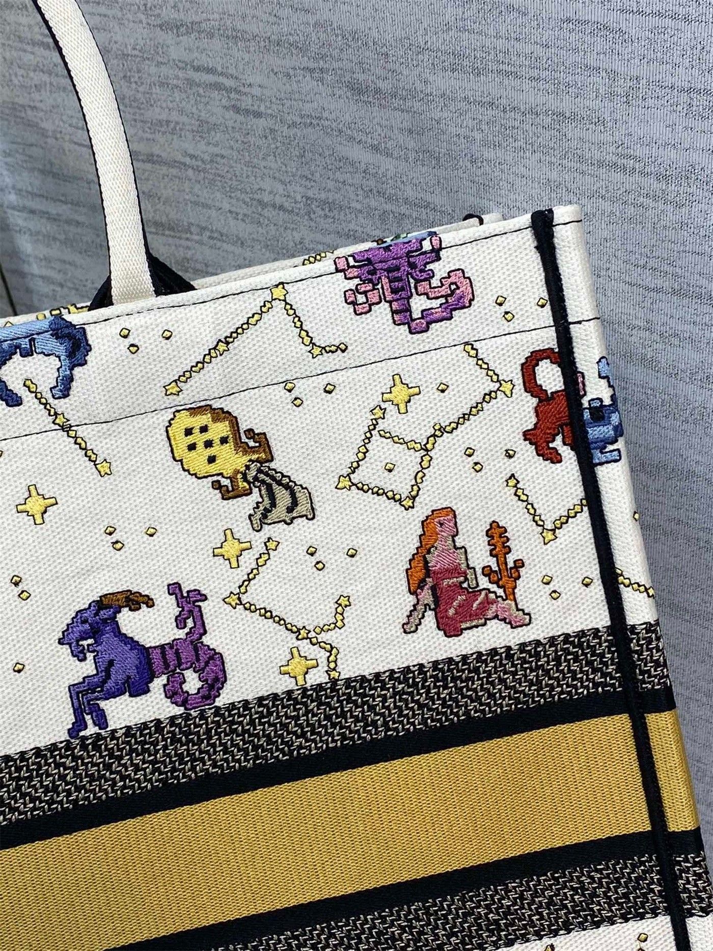 Dior Large Book Tote Bag In White Pixel Zodiac Embroidery