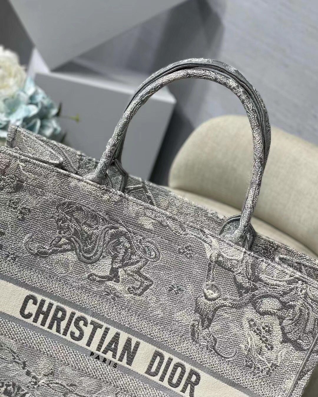 Dior Large Book Tote Bag In Gray Toile de Jouy Reverse Embroidery