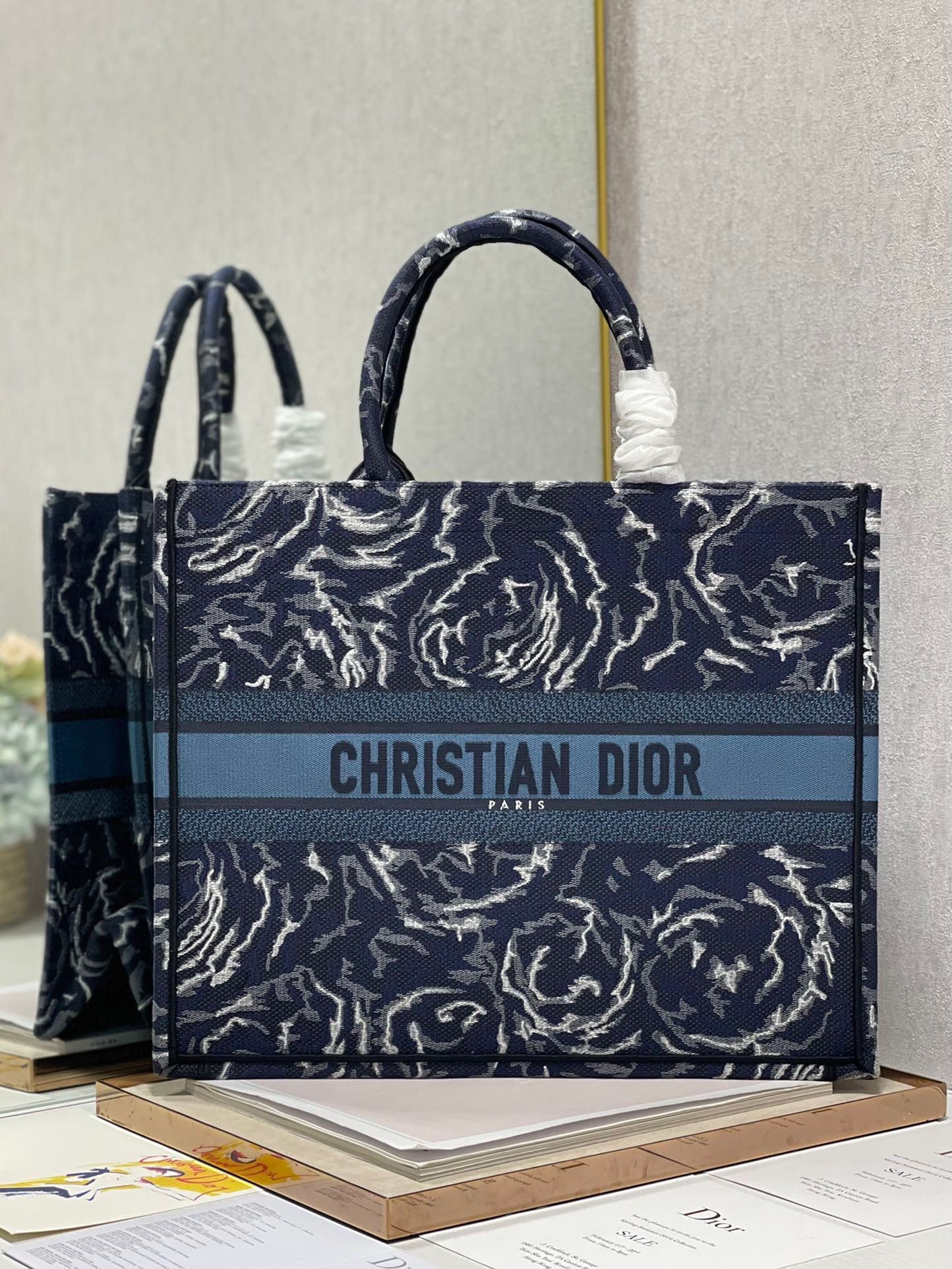 Dior Large Book Tote Bag In Blue Dior Roses Embroidery