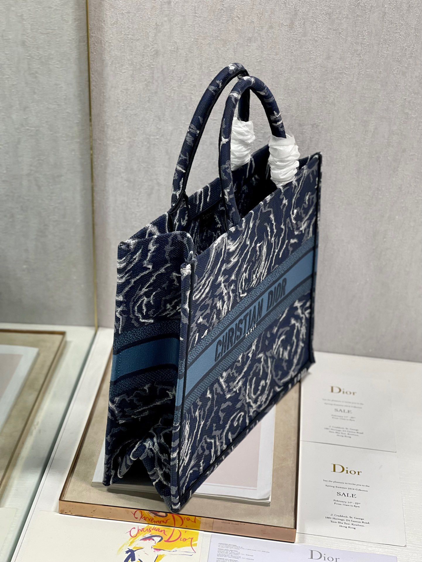 Dior Large Book Tote Bag In Blue Dior Roses Embroidery