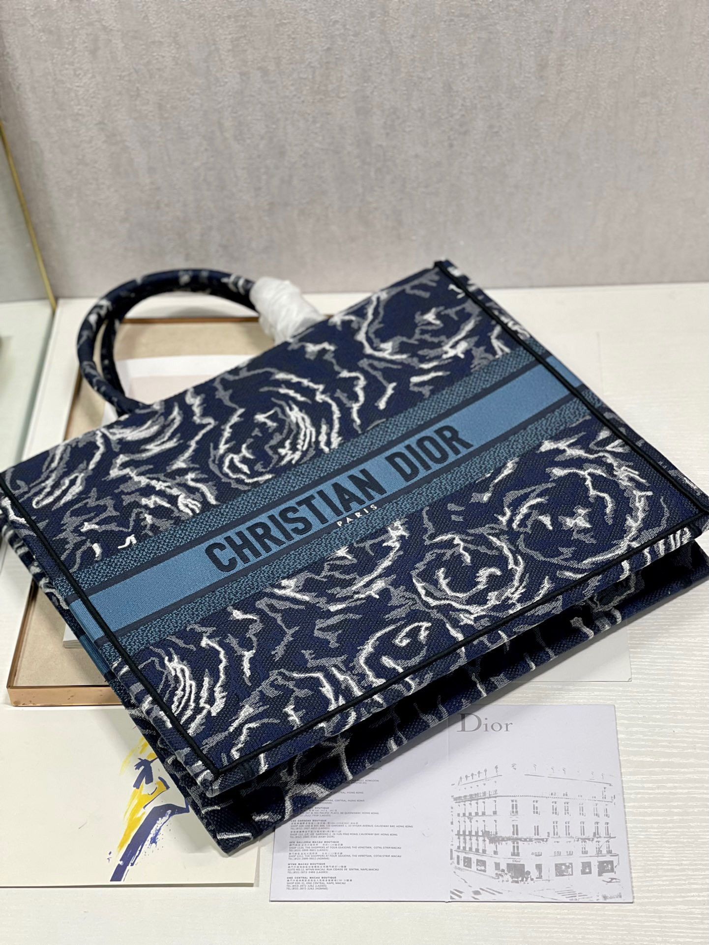 Dior Large Book Tote Bag In Blue Dior Roses Embroidery