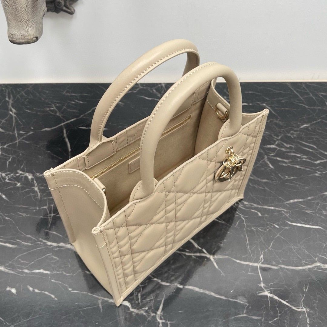 Dior Small Book Tote Bag with Strap in Beige Macrocannage Calfskin