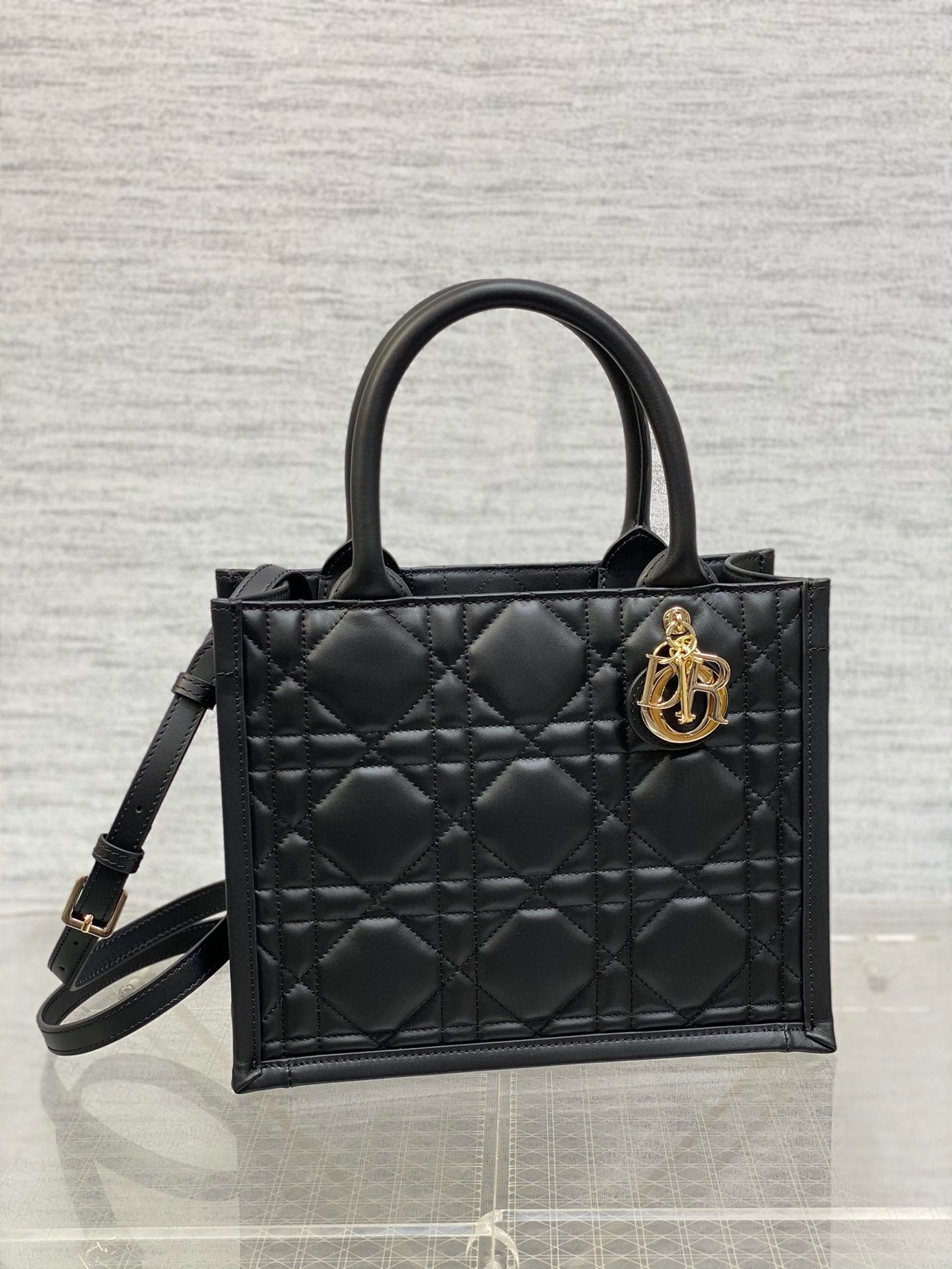 Dior Small Book Tote Bag with Strap in Black Macrocannage Calfskin