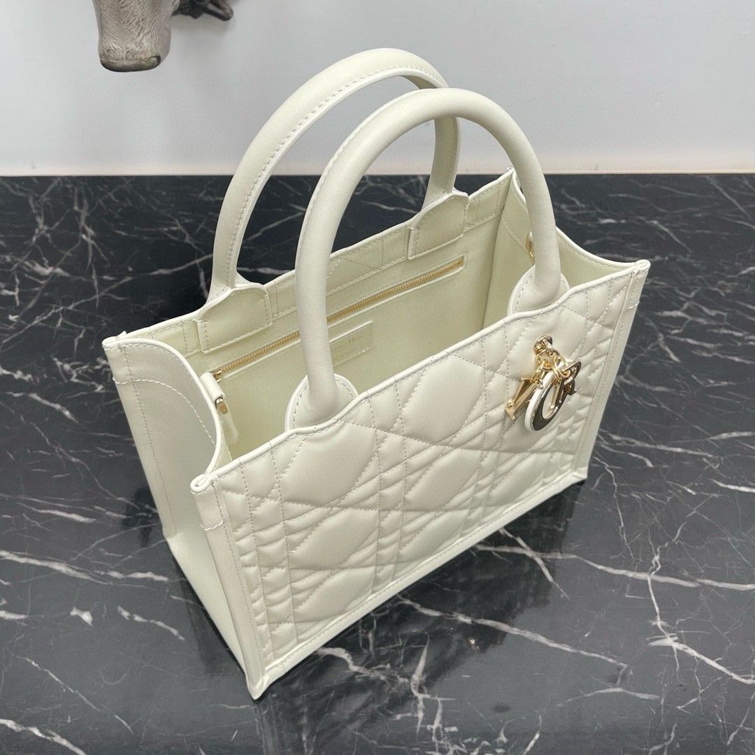 Dior Small Book Tote Bag with Strap in White Macrocannage Calfskin