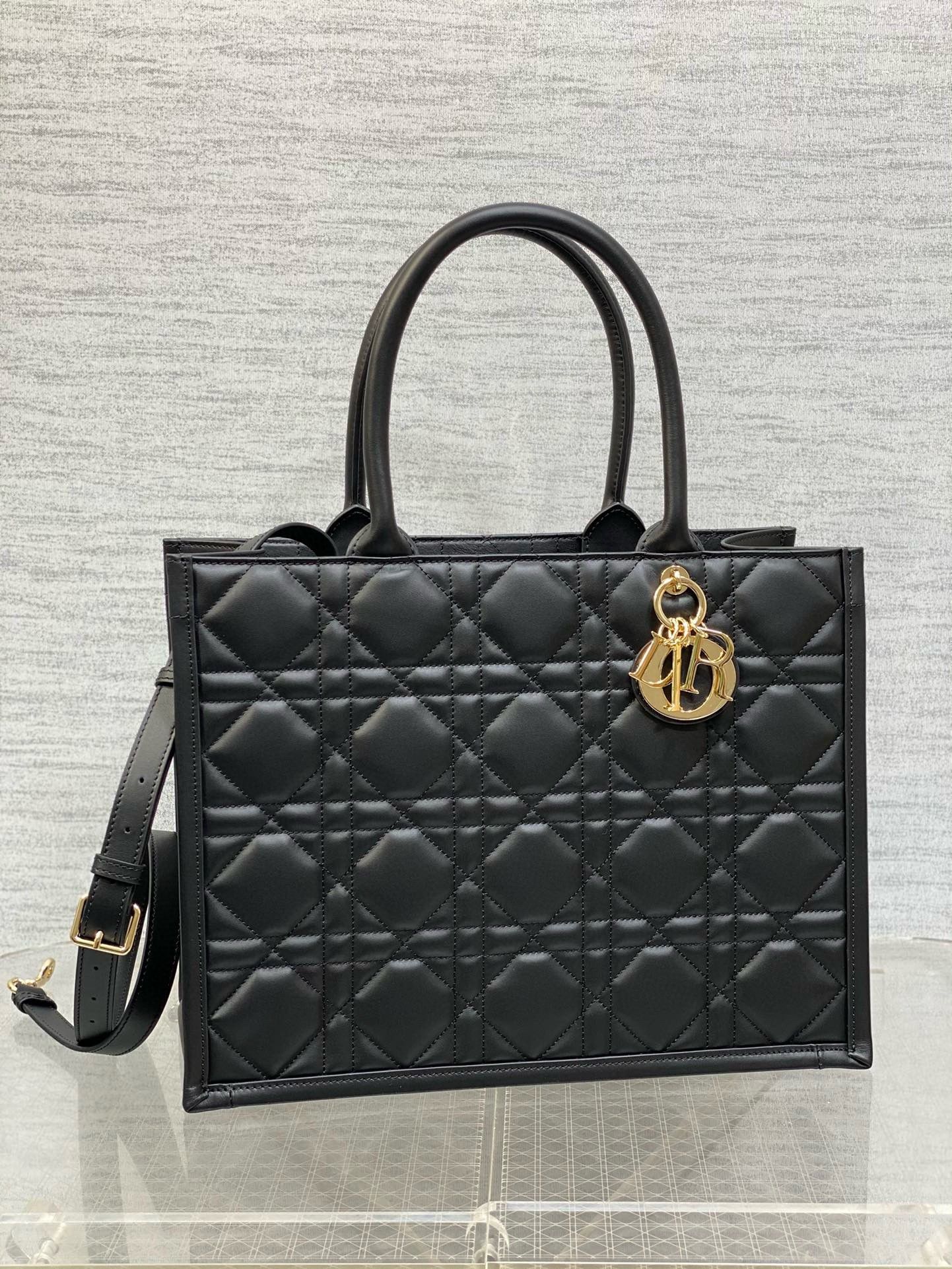 Dior Medium Book Tote Bag with Strap in Black Macrocannage Calfskin