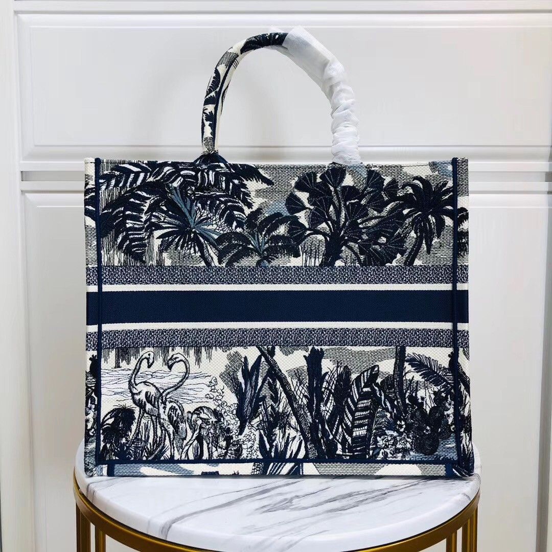 Dior Large Book Tote Bag In Blue Palm Tree Toile de Jouy Embroidery