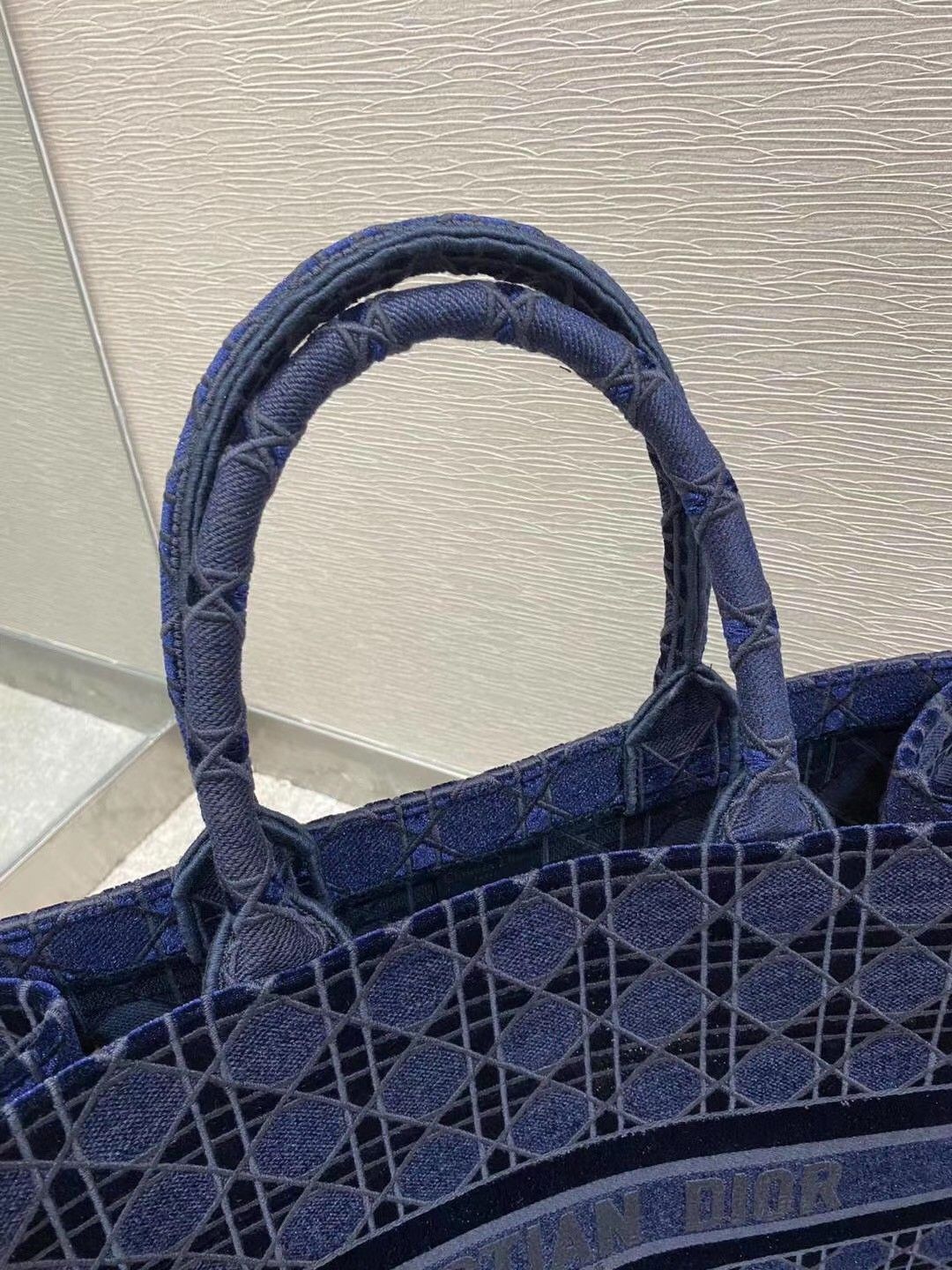 Dior Large Book Tote Bag In Blue Cannage Embroidered Velvet