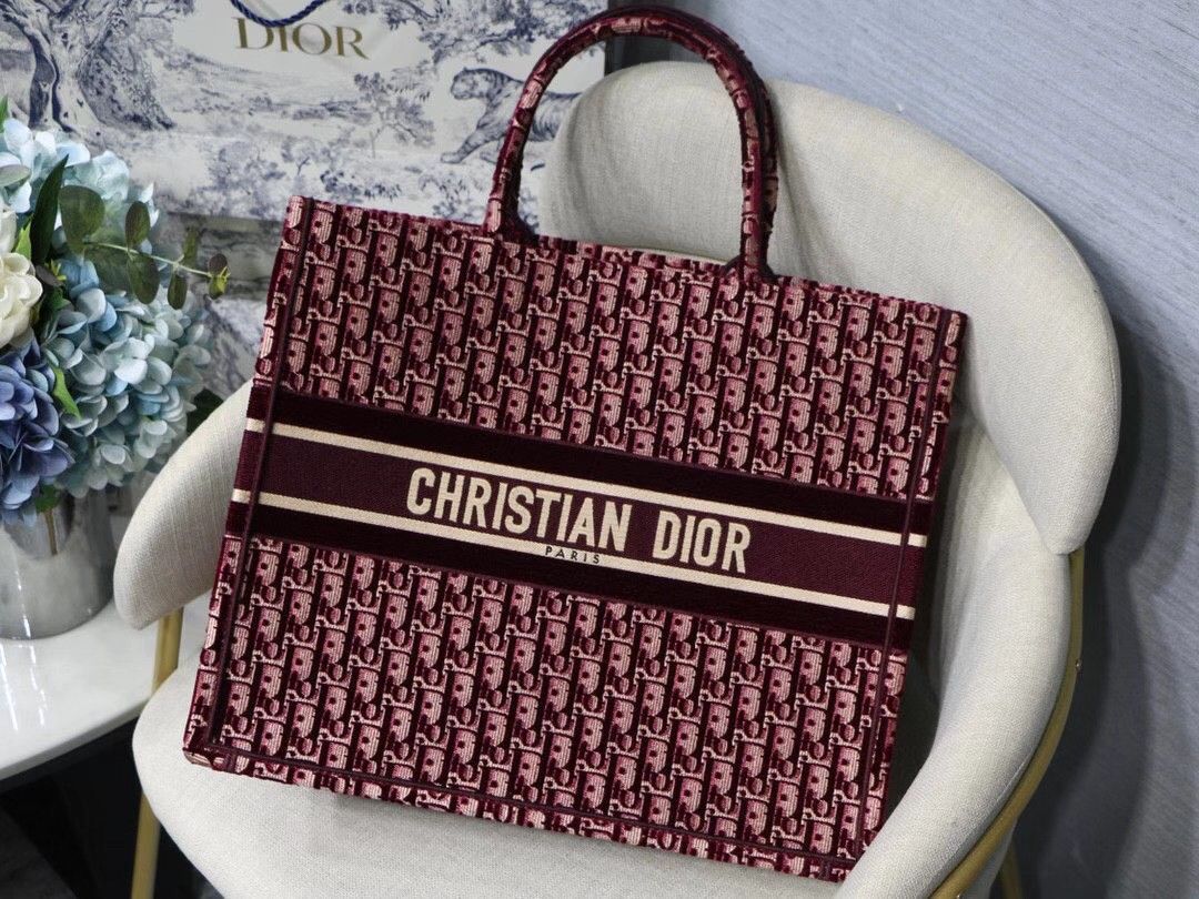 Dior Large Book Tote Bag In Bordeaux Oblique Embroidered Velvet