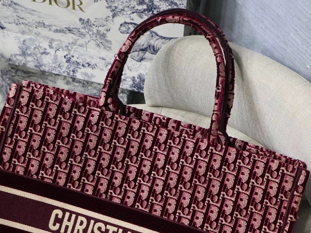 Dior Large Book Tote Bag In Bordeaux Oblique Embroidered Velvet