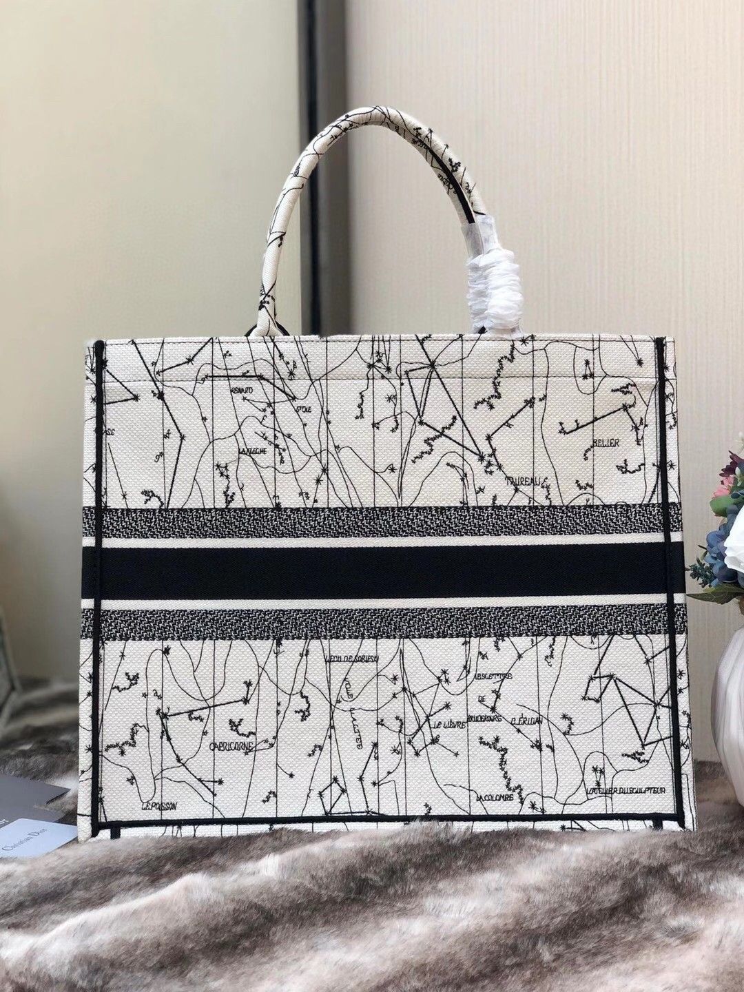 Dior Large Book Tote Bag In Latte Zodiac Embroidery