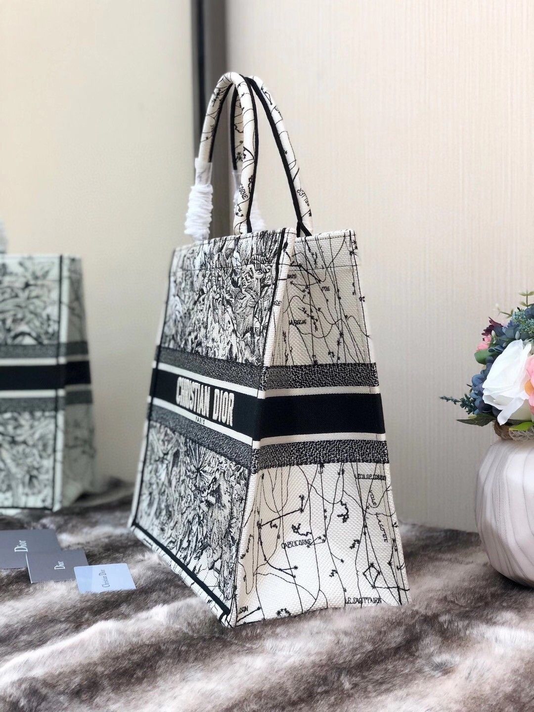 Dior Large Book Tote Bag In Latte Zodiac Embroidery